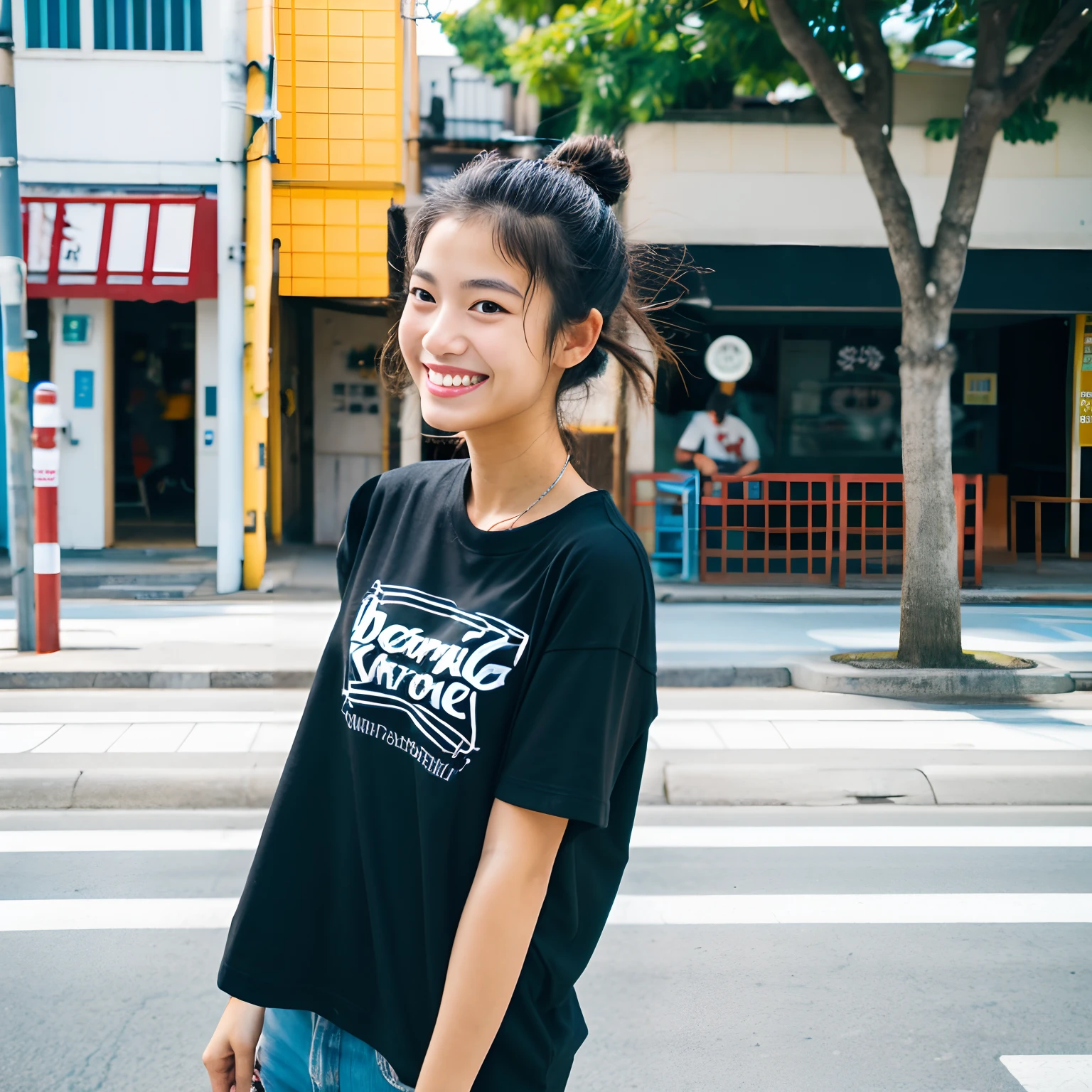 a black T-shirt skater Smiling smile Okinawa Street style