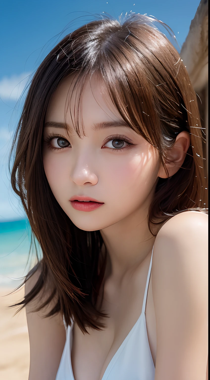 masutepiece, Best Quality, Illustration, Ultra-detailed, finely detail, hight resolution, 8K Wallpaper, Perfect dynamic composition, Beautiful detailed eyes , the beach, Sexy face,Sexually aroused face