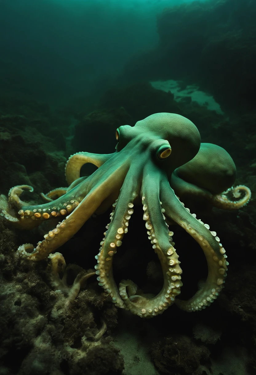 futuristic octopus, 8k, futuristic, depth of field, photographic, backlighting, technology, beautiful, dramatic lighting, realistic, wide from below, mysterious, alien world