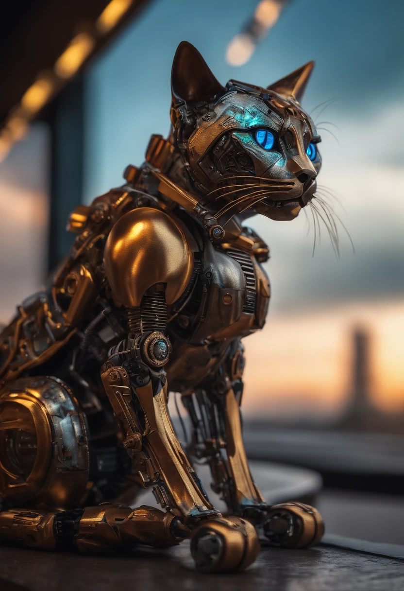 um gatinho bonito feito de metal, Robot, estilo cyberpunk, ((detalhes intrincados)), HDR, ((detalhes intrincados, super detalhado)), cinematic footage, vinheta