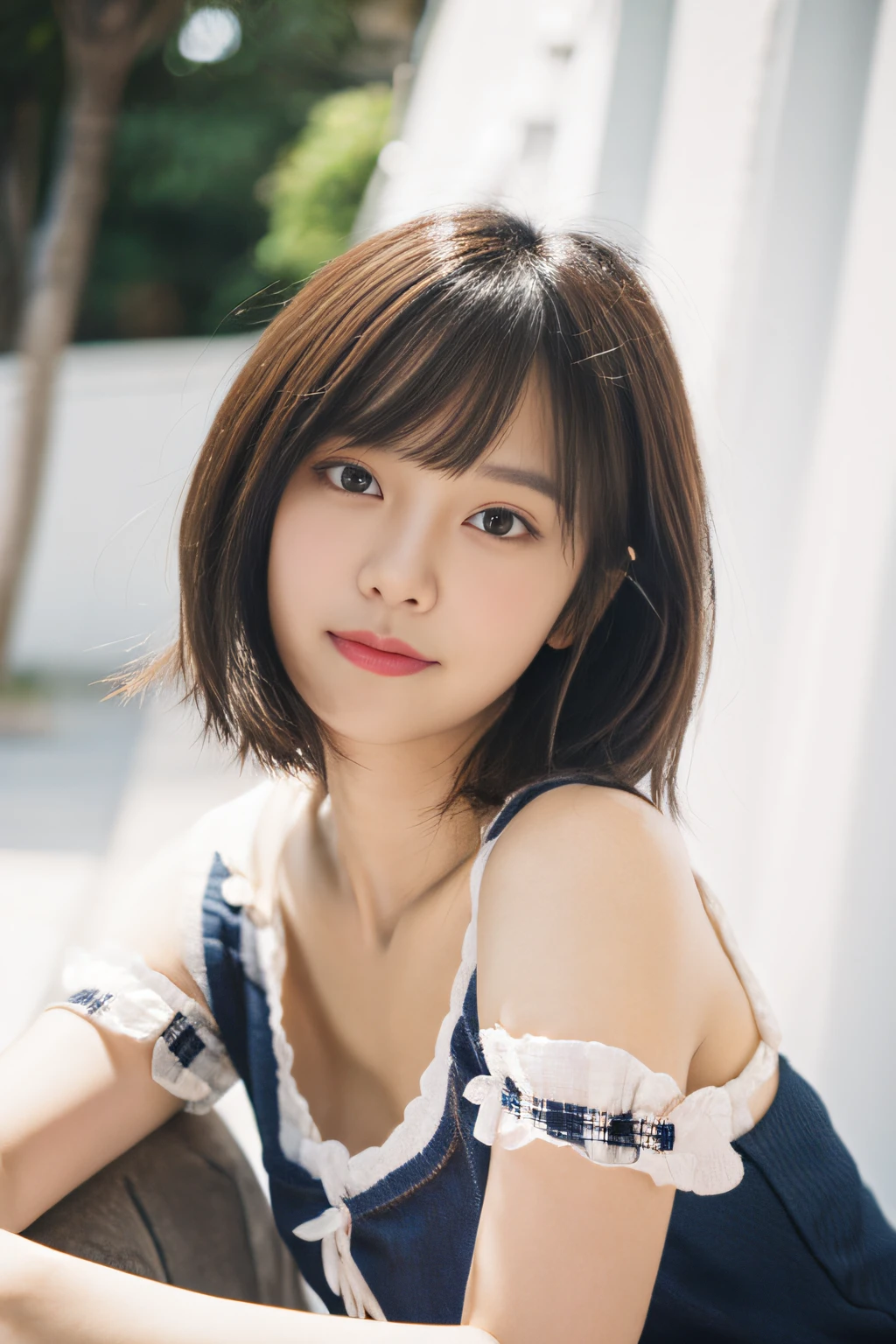 grey hair,light brown hair,medium hair,short hair,swept bangs, bob cut,parted bangs,blunt bangs,bangs,sidelocks,red eyes,hair ornament,white shirt,blue shirt,short sleeve,knitted vest,white vest,beige vest,yellow neck ribbon,navy skirt,checkered skirt,small breasts,1girl,solo,white background,love live!, grey hair,light brown hair,medium hair,short hair,swept bangs, bob cut,parted bangs,blunt bangs,bangs,sidelocks,red eyes,hair ornament,white shirt,blue shirt,short sleeve,knitted vest,white vest,beige vest,yellow neck ribbon,navy skirt,checkered skirt,small breasts,1girl,solo,white background,love live!, lifelike, 3d, realistic, cinematic angle, best detailed girl, focus on the girl, posing, beautiful detailed fullbody, Perfect body, Beautiful detailed girl, 20 years old, lowing long hair, flowing hair, Air bangs, eyes visible through hair, beautiful and detailed loong tail, hair intakes, Long dark blond hair, hair fluttering in the wind, beautiful detailed face, seductive smile, furrowed brow, beautiful detailed deep eyes, Slightly open mouth, nail polish, cleavage cutout, Bare navel, perfect and delicate limbs, black eyes, detailed skin, Beautiful accessories, beautiful hair decoration, earrings, gem necklace, ring, short dress, short sleeves, translucent pink skirt, high heels, corrugated, open jacket, skindentation, floral print cloth, outdoors, on bed, blue sky, sparkle, Noise and grain, wallpaper 8k CG, extremely CG, wallpaper 8k CG,