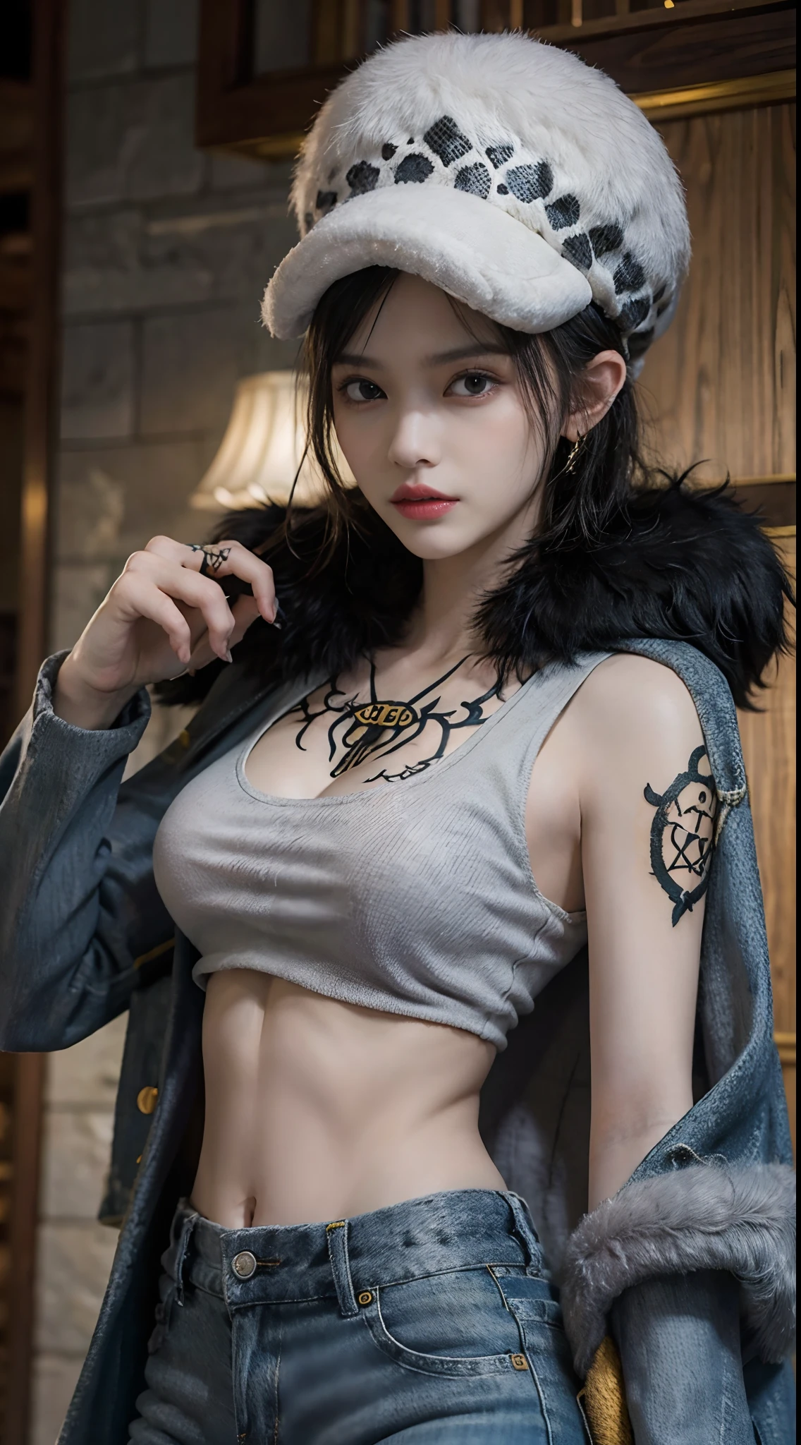 masterpiece, best quality, 8k,highestres, absurdres, extremely detailed, female trafalgar law, 1girl, 1sword, solo, looking at viewer, short hair, medium breasts, hat, navel, cleavage, collarbone, earrings, midriff, pants, coat, fur trim, denim, jeans, shoulder tattoo, hand tattoo, finger tattoo, black fur-trimmed coat, coat on shoulders, yellow tank top,///,