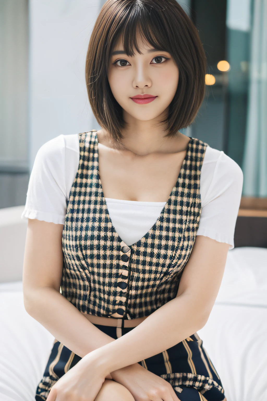 grey hair,light brown hair,medium hair,short hair,swept bangs, bob cut,parted bangs,blunt bangs,bangs,sidelocks,red eyes,hair ornament,white shirt,blue shirt,short sleeve,knitted vest,white vest,beige vest,yellow neck ribbon,navy skirt,checkered skirt,small breasts,1girl,solo,white background,love live!, grey hair,light brown hair,medium hair,short hair,swept bangs, bob cut,parted bangs,blunt bangs,bangs,sidelocks,red eyes,hair ornament,white shirt,blue shirt,short sleeve,knitted vest,white vest,beige vest,yellow neck ribbon,navy skirt,checkered skirt,small breasts,1girl,solo,white background,love live!, lifelike, 3d, realistic, cinematic angle, best detailed girl, focus on the girl, posing, beautiful detailed fullbody, Perfect body, Beautiful detailed girl, 20 years old, lowing long hair, flowing hair, Air bangs, eyes visible through hair, beautiful and detailed loong tail, hair intakes, Long dark blond hair, hair fluttering in the wind, beautiful detailed face, seductive smile, furrowed brow, beautiful detailed deep eyes, Slightly open mouth, nail polish, cleavage cutout, Bare navel, perfect and delicate limbs, black eyes, detailed skin, Beautiful accessories, beautiful hair decoration, earrings, gem necklace, ring, short dress, short sleeves, translucent pink skirt, high heels, corrugated, open jacket, skindentation, floral print cloth, outdoors, on bed, blue sky, sparkle, Noise and grain, wallpaper 8k CG, extremely CG, wallpaper 8k CG,