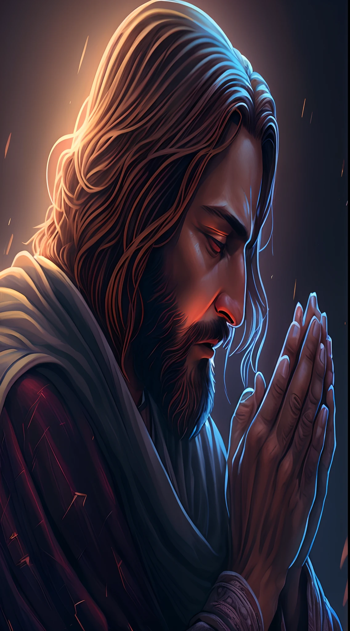 uma pintura de um homem de cabelos longos e barba rezando, bible illustration, Jesus Cristo, pintura digital detalhada, 8k arte detalhada de alta qualidade, iluminçao ,Retrato de Jesus Cristo, HQ 4K papel de parede do telefone, O Senhor e Salvador, Arte digital detalhada em 4k, Dan Mumford. 8K octane rendering, kneeling in prayer, arte de fundo, praying