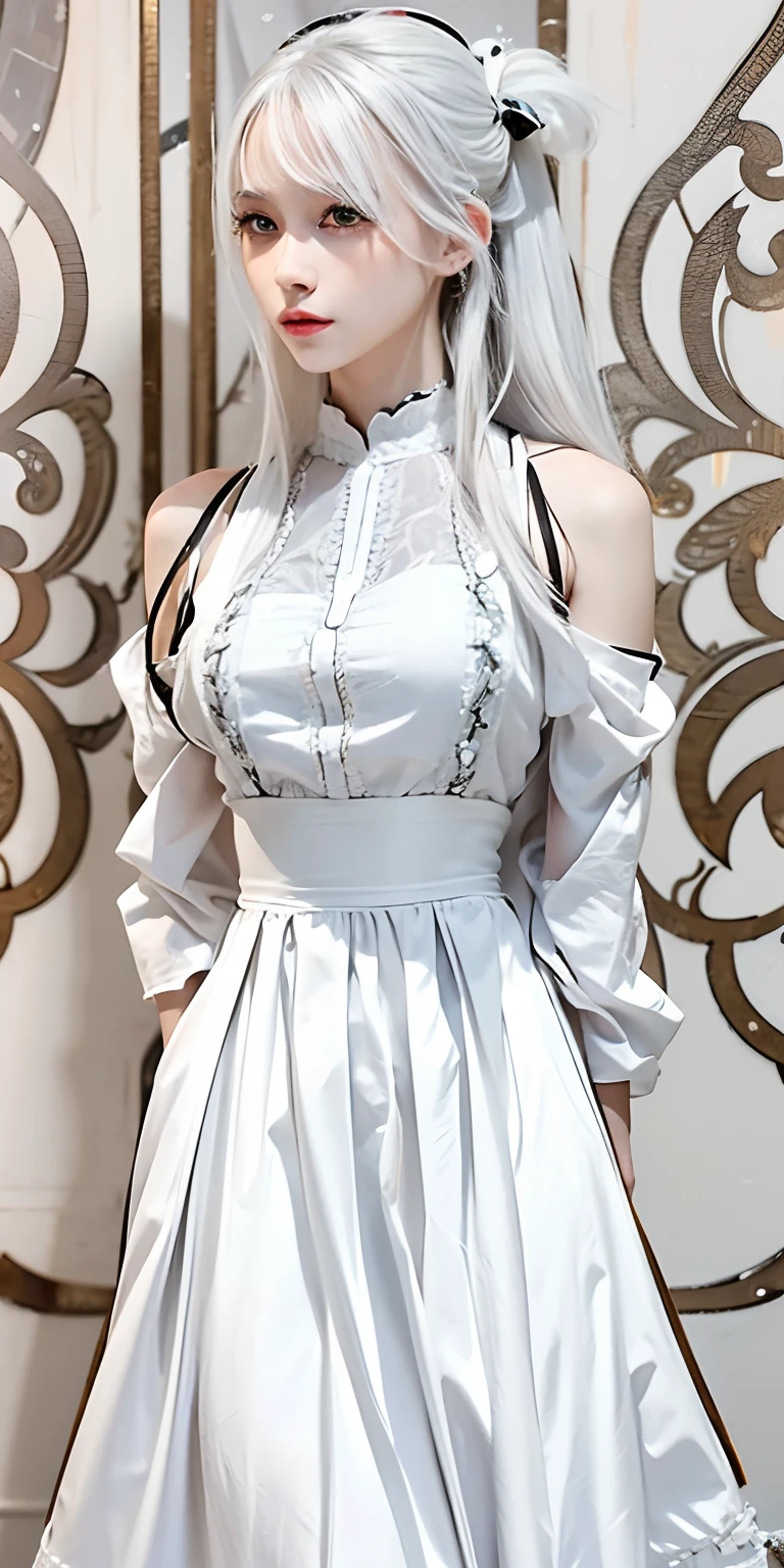 1girl, white hair, yellow eyes, white dress, ultra detailed, masterpiece, realistic