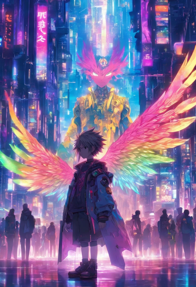 in the cyberpunk city, has angled wings on the back、 standing in oblique figure with shiny ring on head , His dress can reflect the light around, side portrait,Half body, Look straight in the crowd, Cyberpunk city lighting on background, 3d anime, Rainbow Anime, Detailed face, Cute.