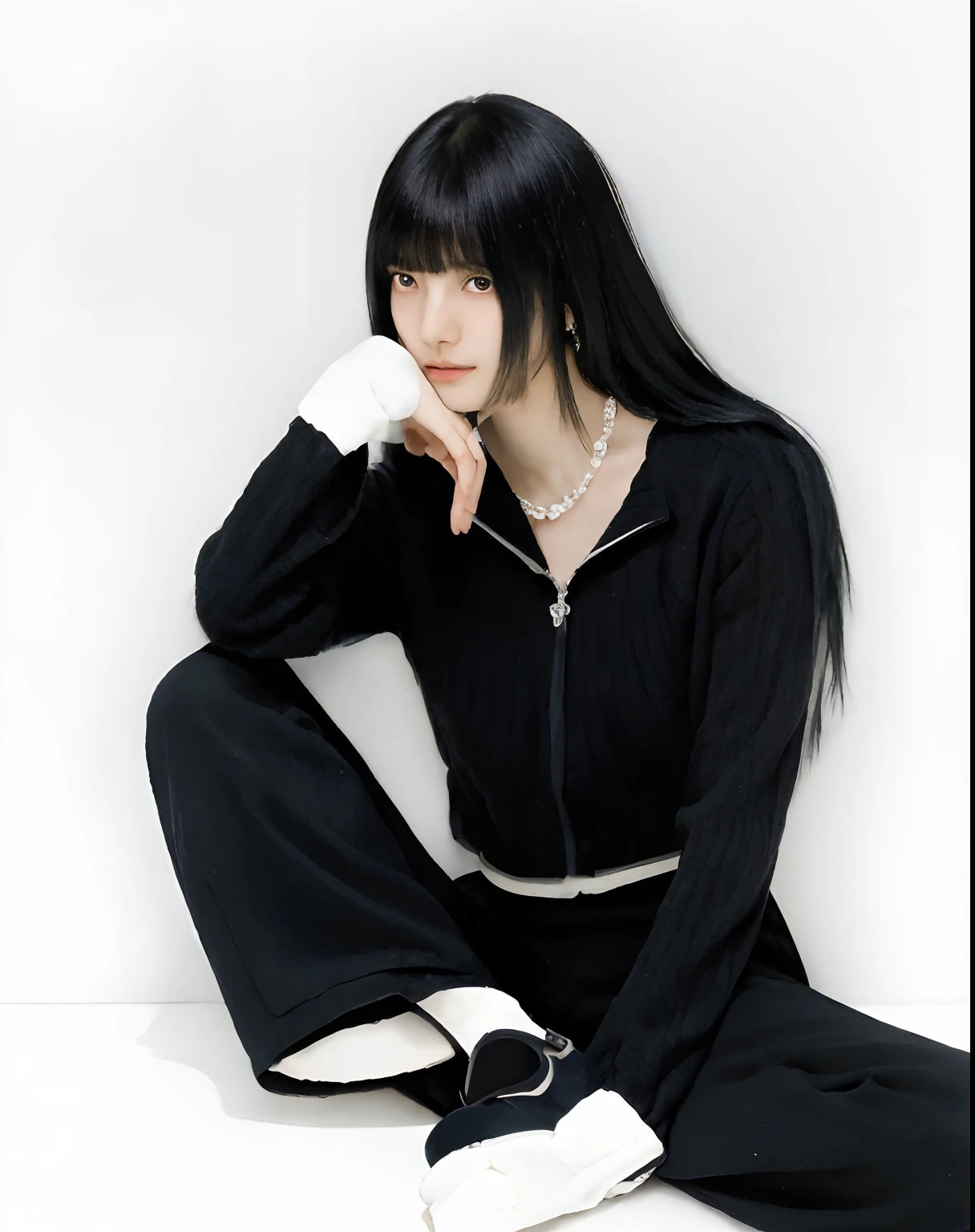 arafed woman sitting on the floor with her hand on her head, she has black hair with bangs, black hair and white bangs, inspired by Miwa Komatsu, bae suzy, with full bangs, with bangs, kimi takemura, sui ishida with black hair, lalisa manobal, long white hair and bangs, the hime cut