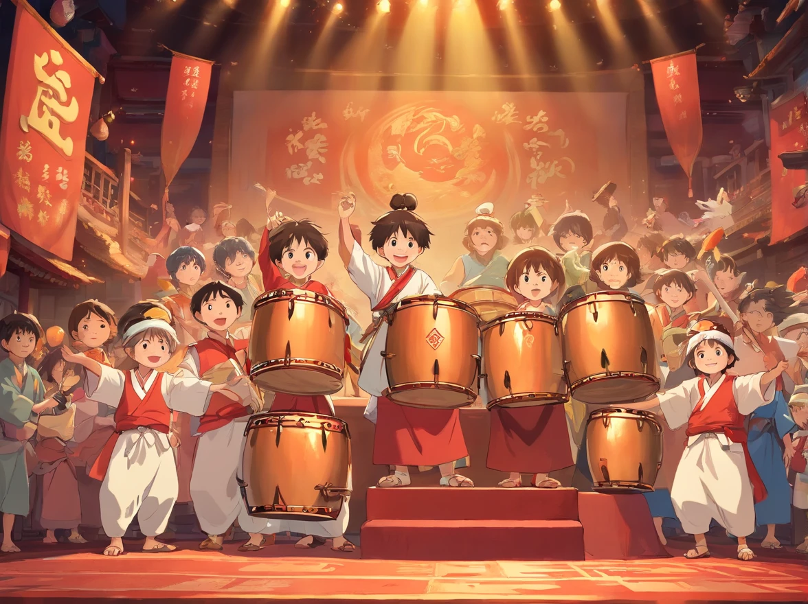 and friends in Zhuang costumes beat copper drums on the stage,The audience cheered