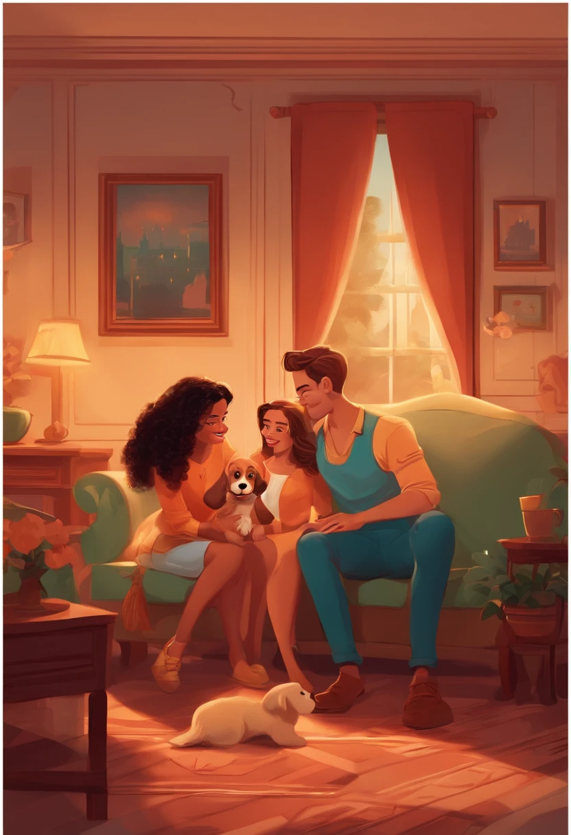 Disney-inspired cartoon illustration: In a room lit by the soft light of the evening. 25 year old man and woman couple happily playing with puppy