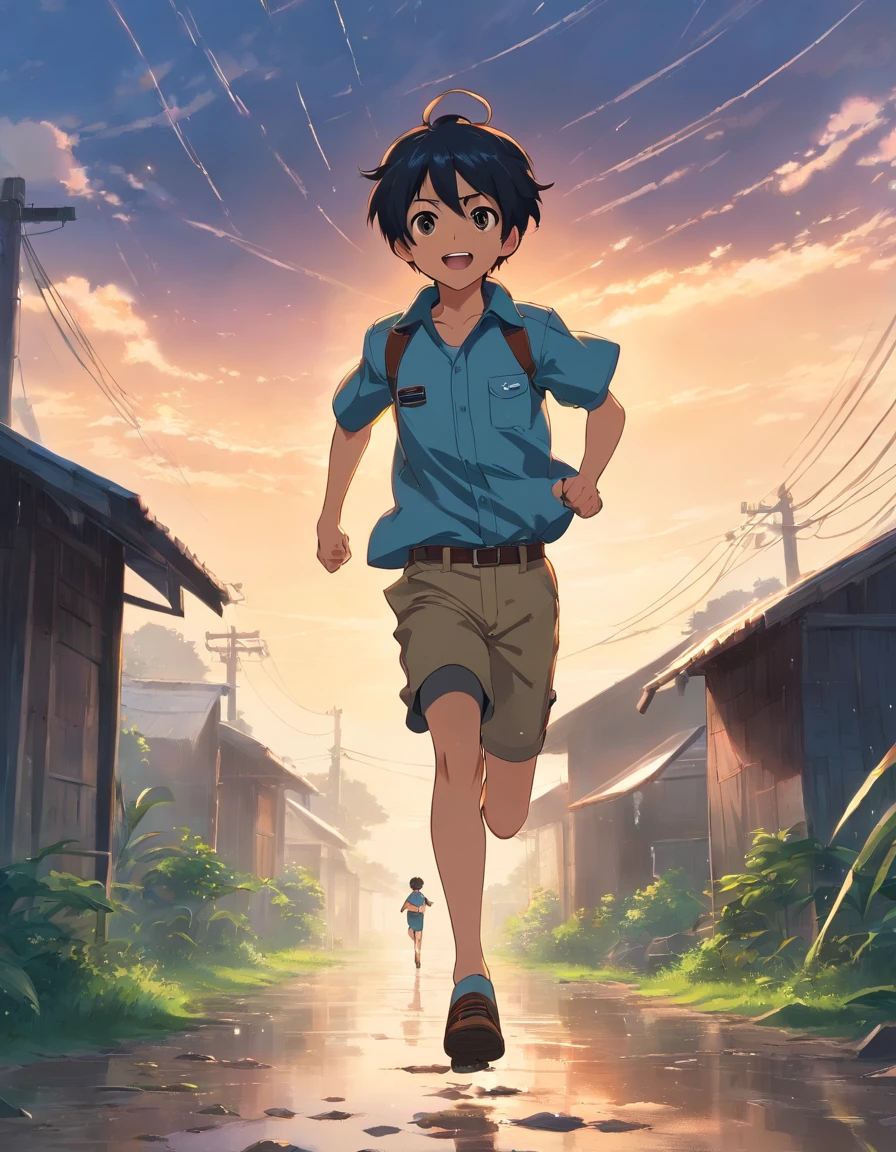 Costume planning theme rainning\ return to dust , a boy in the camp land , wearing a scout shirt, running happily . There is 1 hut