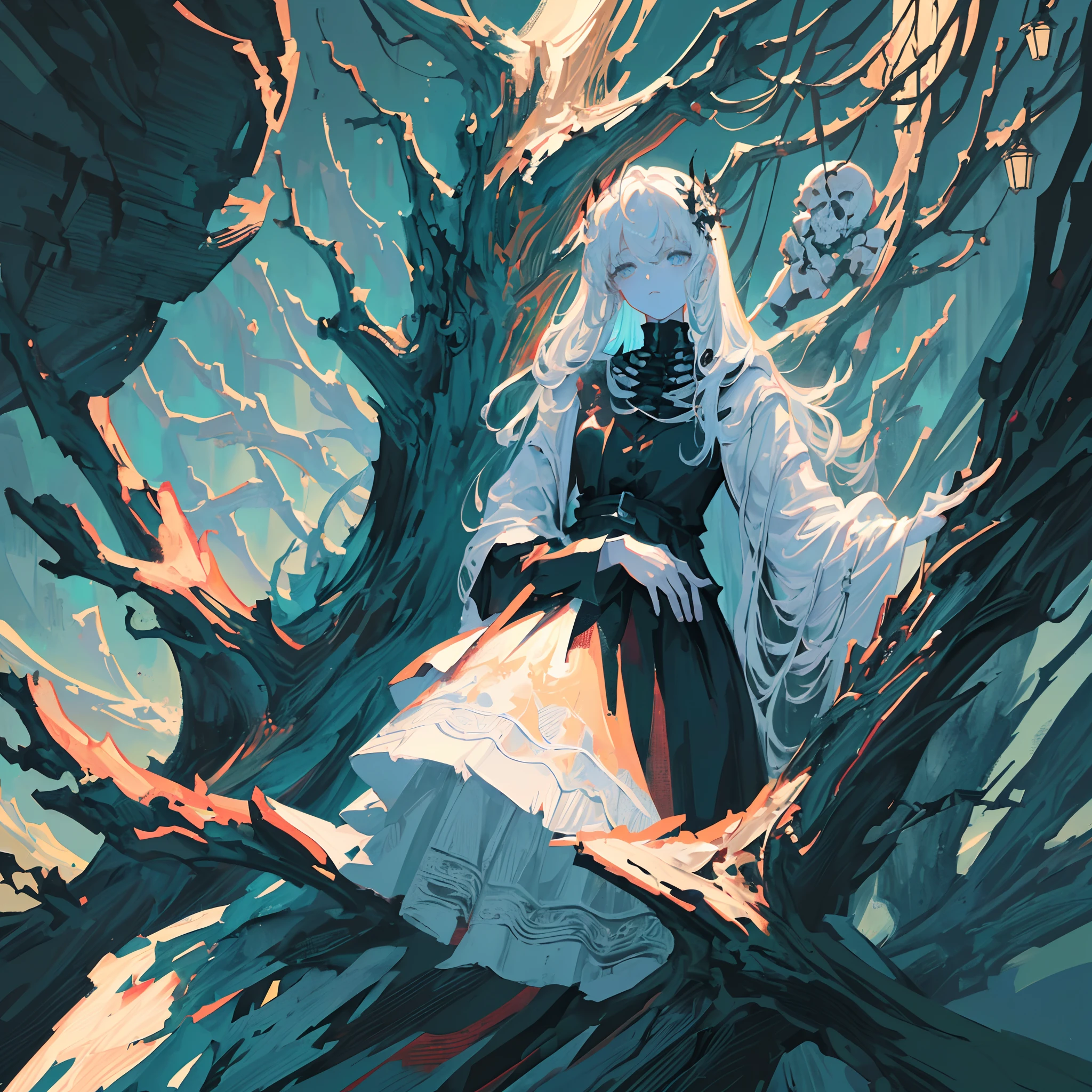 ((Best quality, 8K, Masterpiece: 1.4)),((Amazing detail: 1.3)),((illustration: 1.2)),((high resolution: 1.1)),a tree made by skeleton,black and white painting,Black and white illustration,dark sky,dark style,dark fantasy,horror,detailed cover artwork,snow,delicate,