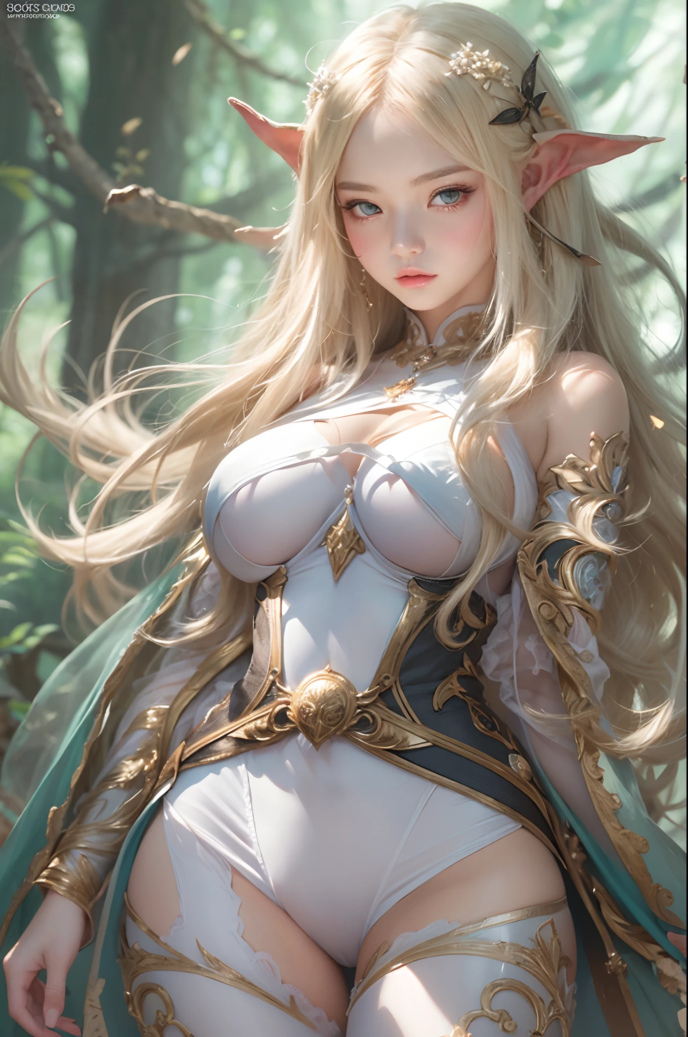 masutepiece, Best Quality, Intricate details, Gorgeous blonde elf woman, (Mint Eyes), Celestine Lucullus, Perfect Anatomy, Perfect face:1.1), ((Huge breasts!!!!!!)),(huge-breasted!!!!), White One Piece Uniform, Sharp Focus, ((Solo:1.4), (Full body shot), Looking at Viewer, Ultra-high definition, (1girl in:1.4), Extremely detailed illustration, Smooth, Very pixel perfect, Detailed background, art by wlop and ross tran, forest, Seductive,venusbody