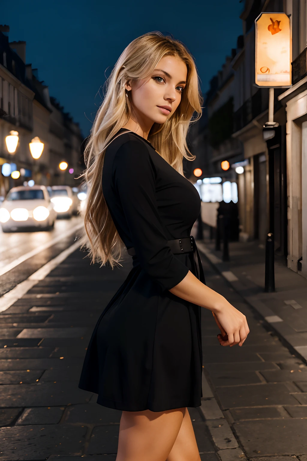 1girl, realistic, blonde hair, glowing eyes, parted lips, blush, night, flowers, sun, sunlight, rayen dress, (black dress), short dress, pencil dress, long sleeves, sleeves over wrist, cleavage, from behind, ((thigh high)), (above thighs), whole body, street photography, stone pathways, cars, lights, depth of field, high resolution, highly detailed, masterpiece, 4k, HDR, highly detailed, realistic,