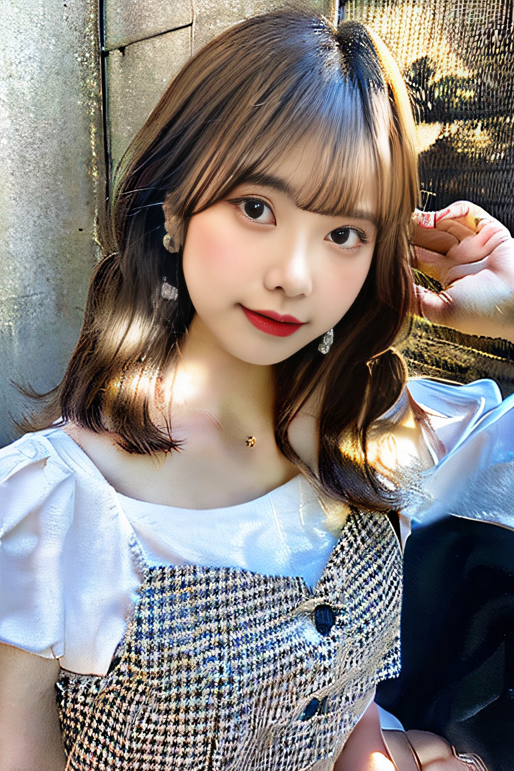grey hair,light brown hair,medium hair,short hair,swept bangs, bob cut,parted bangs,blunt bangs,bangs,sidelocks,red eyes,hair ornament,white shirt,blue shirt,short sleeve,knitted vest,white vest,beige vest,yellow neck ribbon,navy skirt,checkered skirt,small breasts,1girl,solo,white background,love live!, grey hair,light brown hair,medium hair,short hair,swept bangs, bob cut,parted bangs,blunt bangs,bangs,sidelocks,red eyes,hair ornament,white shirt,blue shirt,short sleeve,knitted vest,white vest,beige vest,yellow neck ribbon,navy skirt,checkered skirt,small breasts,1girl,solo,white background,love live!, lifelike, 3d, realistic, cinematic angle, best detailed girl, focus on the girl, posing, beautiful detailed fullbody, Perfect body, Beautiful detailed girl, 20 years old, lowing long hair, flowing hair, Air bangs, eyes visible through hair, beautiful and detailed loong tail, hair intakes, Long dark blond hair, hair fluttering in the wind, beautiful detailed face, seductive smile, furrowed brow, beautiful detailed deep eyes, Slightly open mouth, nail polish, cleavage cutout, Bare navel, perfect and delicate limbs, black eyes, detailed skin, Beautiful accessories, beautiful hair decoration, earrings, gem necklace, ring, short dress, short sleeves, translucent pink skirt, high heels, corrugated, open jacket, skindentation, floral print cloth, outdoors, on bed, blue sky, sparkle, Noise and grain, wallpaper 8k CG, extremely CG, wallpaper 8k CG,