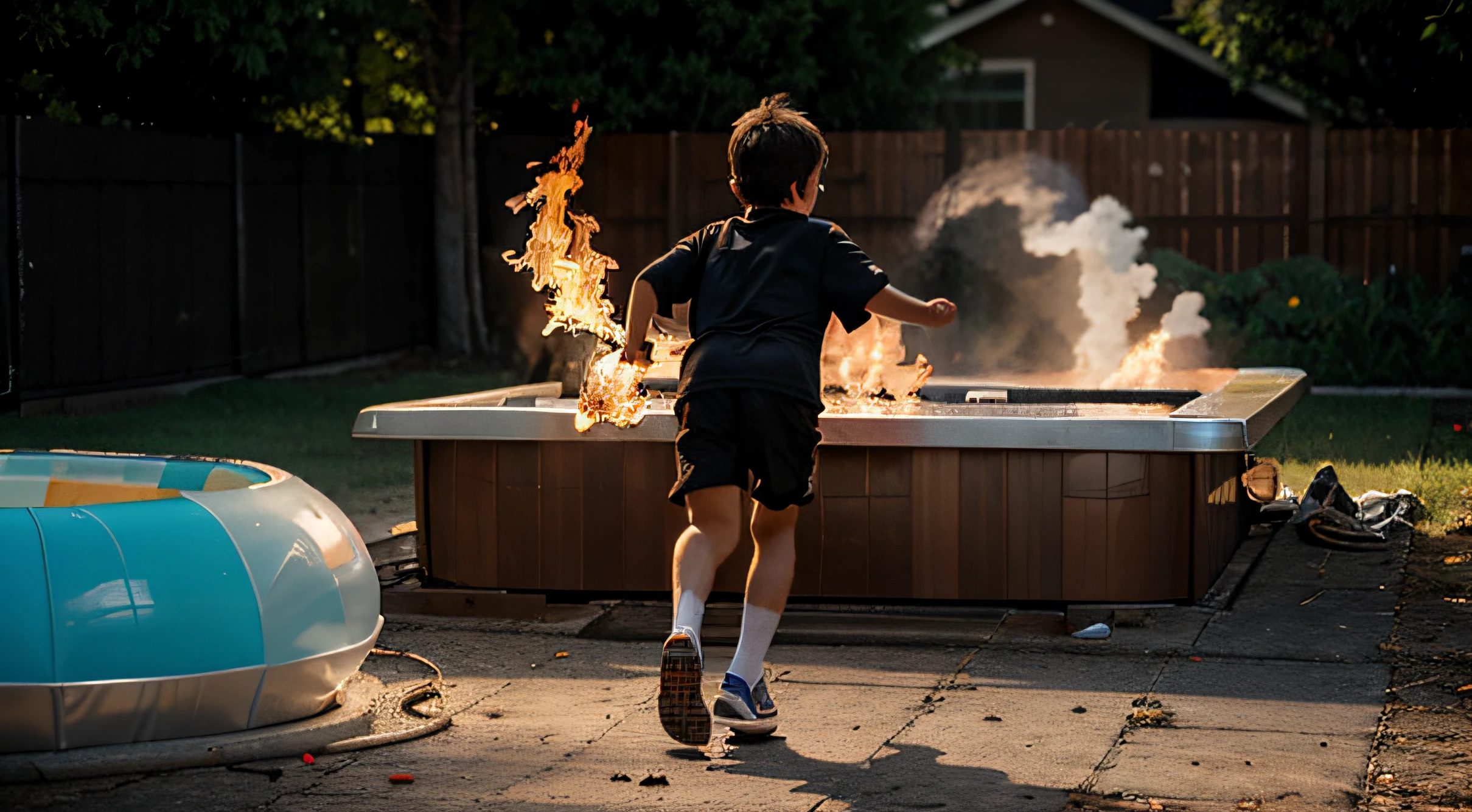 boy running with his ass lit on fire towards a plastic kiddie pool