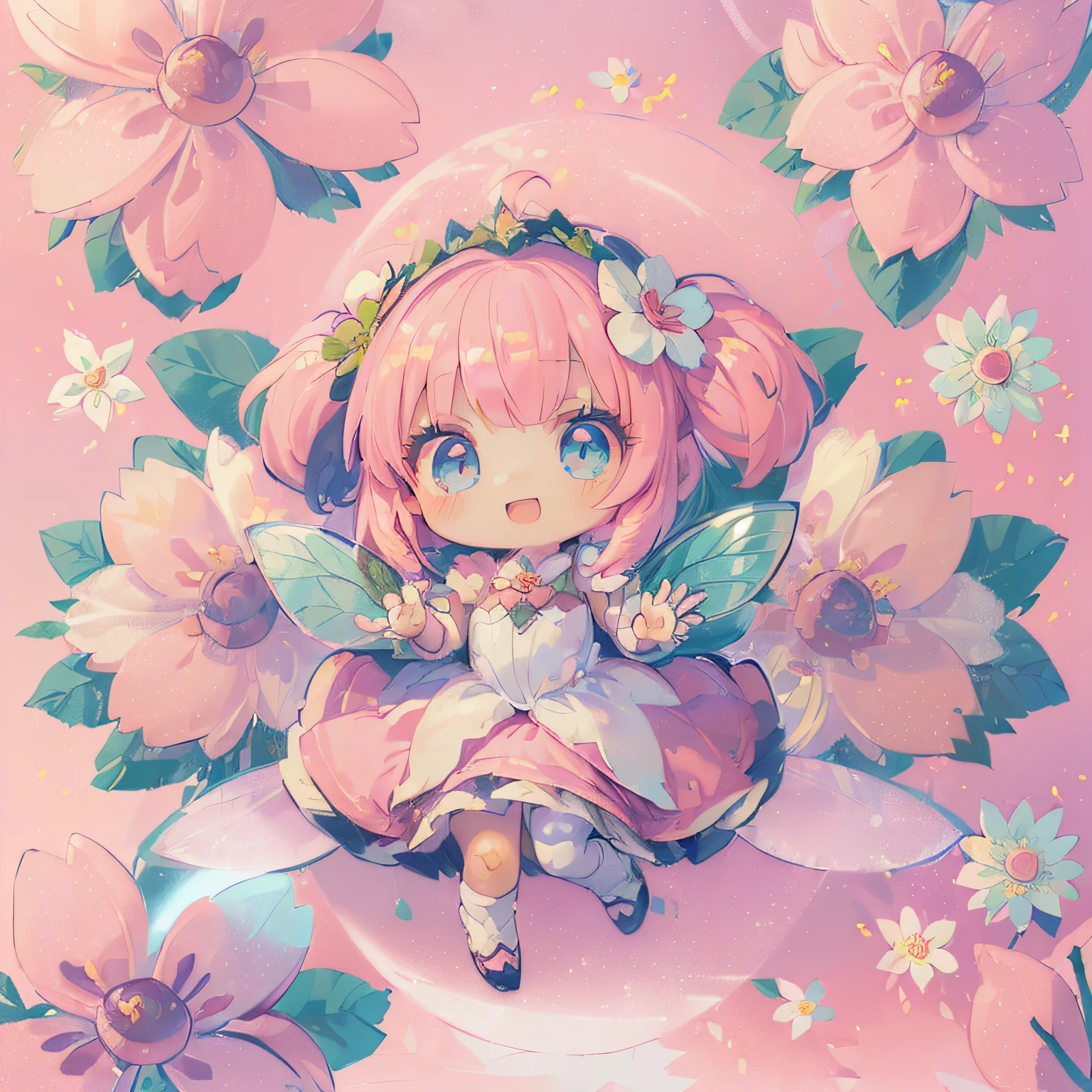 ((((masutepiece))), Best Quality, Extremely detailed, (White Princess Costume:1.2), (tiarra:1.1), (Fairy Wing:1.5), (Flying:1.3), (((girl with))), (((Solo))), Happy, (Blue eyes), (waving at viewer:1.5), Full body, Ahoge, BREAK, (Pink twin tails:1.3), (((Deformed))), (((Chibi Character))), (((Flowerfeld:1.5)))