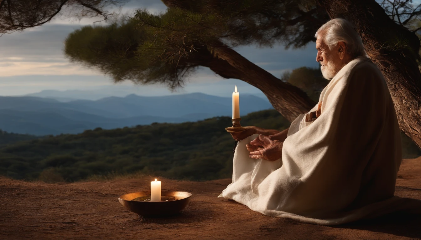 Realistic photo of a wise-looking elder, sentado calmamente em uma paisagem natural serena, cercado por objetos simples como um vaso de barro, A lighted candle and a piece of cloth, refletindo a ideia de valorizar e encontrar contentamento no que possui.