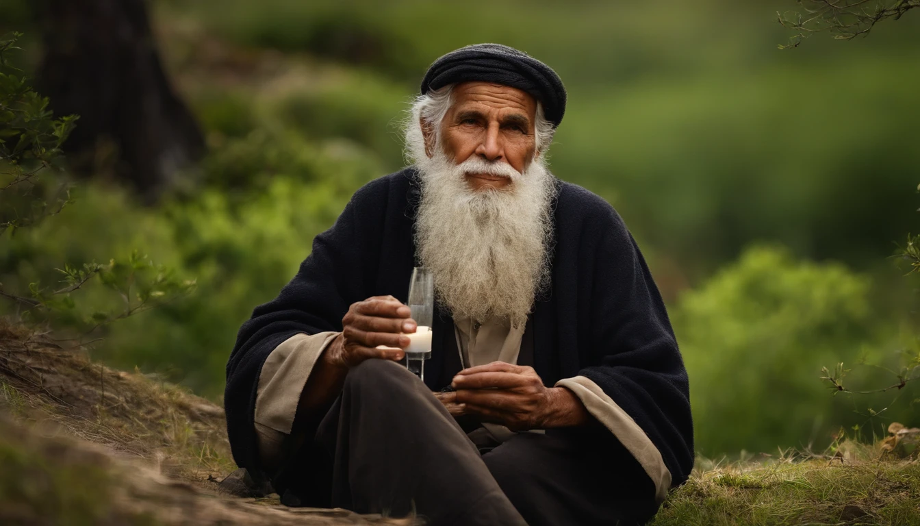 Realistic photo of a wise-looking elder, sentado calmamente em uma paisagem natural serena, cercado por objetos simples como um vaso de barro, A lighted candle and a piece of cloth, refletindo a ideia de valorizar e encontrar contentamento no que possui.