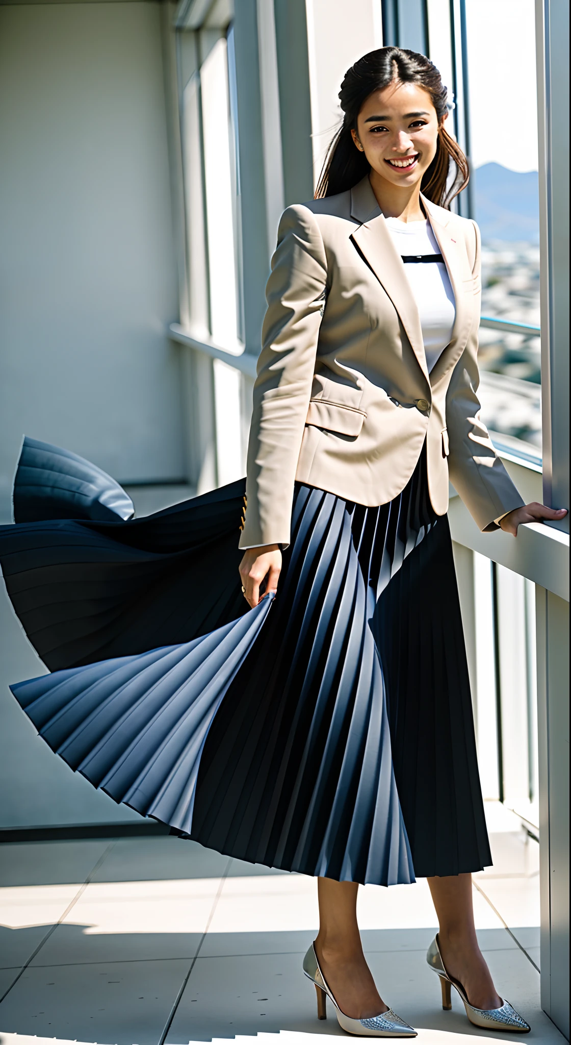 (shy:1,2) (smiling;1,1) woman playing with skirt, dancing, wearing short blazer and very very detailed (long (fully pleated) full circle skirt) and (simple) low heeled office shoes, very very intricate hyper-detailed symmetric (attractive graceful young feminine face) with (sad, tired eyes and a shy smile), large breasts, full of empathy and compassion and love, (pronounced (feminine) features), (highly detailed ultra accurate realistic) hands and fingers, (windy conditions and wind blowing), epic composition, highly detailed attributes, highly detailed space station background, (35mm f1.4 Kodak portra 400 photograph), extremely high quality RAW photograph,