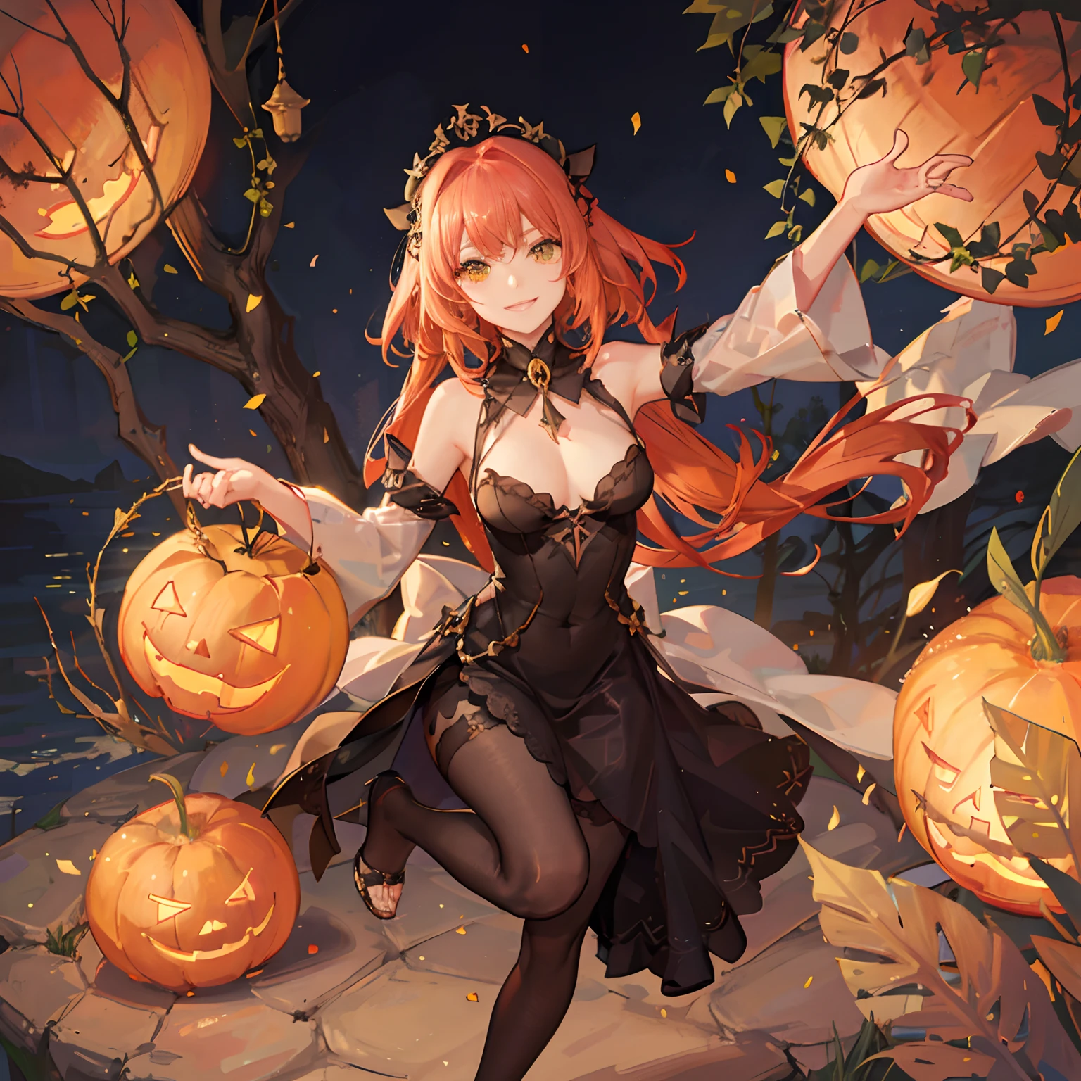Titles：「The Temptation of Jack Lantern and Willow」

Female Characters：Lillian

appearance：
Lillian is a young woman with orange hair、Inside it looks like a glowing jack lantern.。Her eyes are dark green.、the face is small and rounded,,。Her lips are pink and、Always have a smile on your face。

expressioness：
Lillian is curious and、、Her eyes always shine in search of new things and adventures。however、Behind that smile、There is also a mysterious side that seems to be hiding a secret.。

Posture：
She is as lithe as a cat and、、Always move lightly。When she walks、It seems to be dancing。The movement is willow（will-o'-the-wisp）Reminiscent of the erratic movements of。