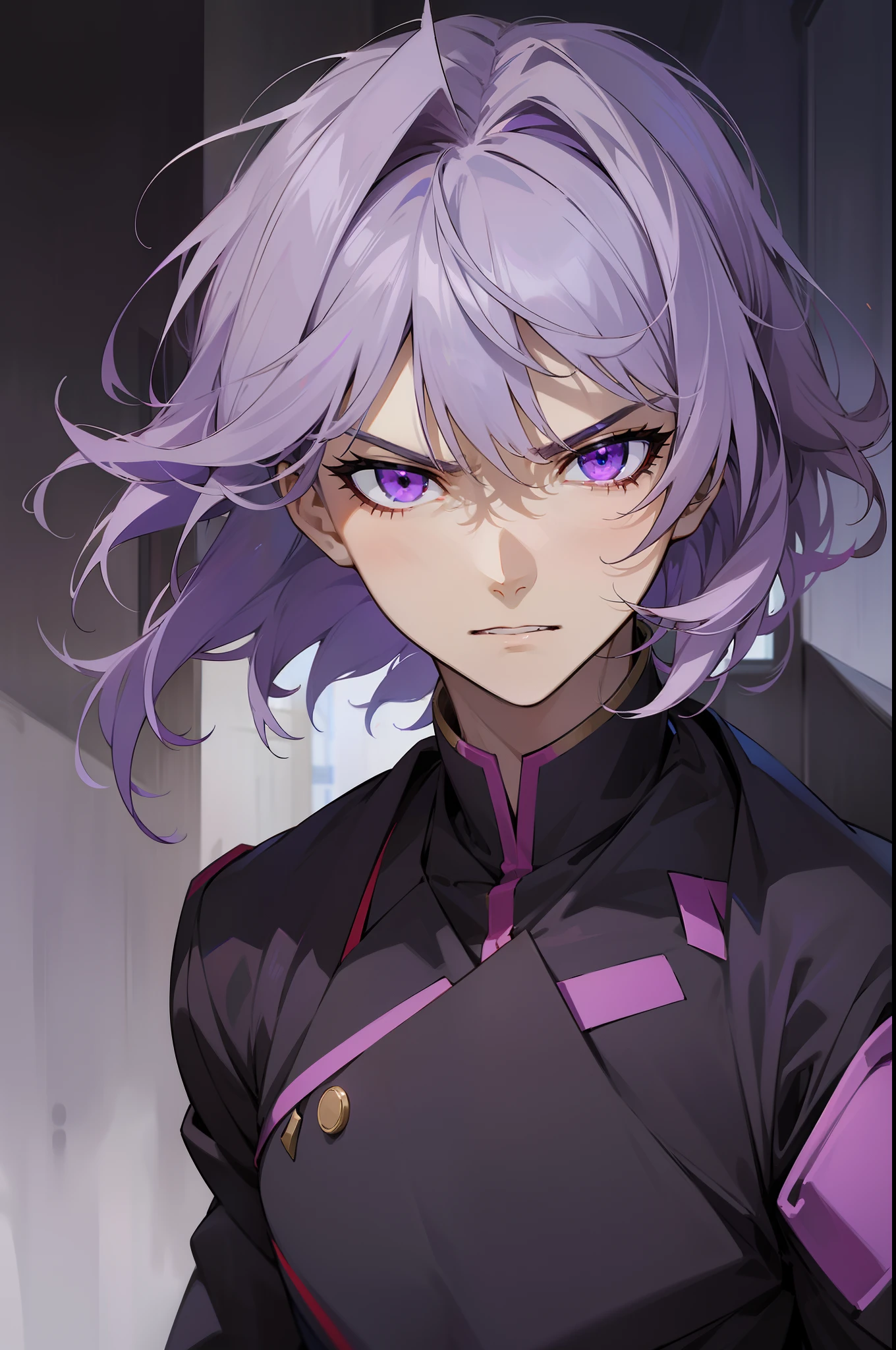 A-drei, valvrave the liberator, sharp purple eyes, lilac-gray hair, His left eye is obscured by his hair bangs, braided on bob hair, short hair, opened mouth, Angry face.