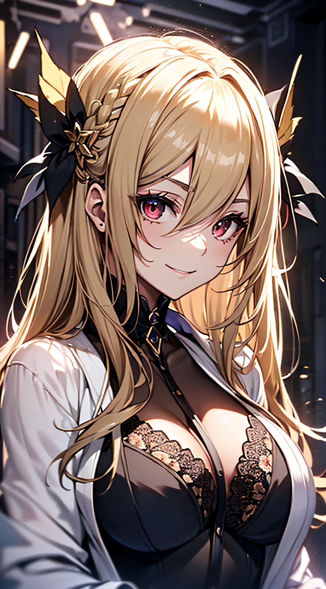 top-quality、Top image quality、​masterpiece、girl with((cute little、18year old、Best Bust、Medium bust、Bust 85,Beautiful red eyes、Breasts wide open,Blonde long hair、A slender、Black bathrobe、A smile)）hiquality、Beautiful Art、Background with((Black Room,Large room、)),masutepiece、Elaborate design、visualart、depth of fields、The best lighting、highestdetailed、8ｋ,Super delicate,