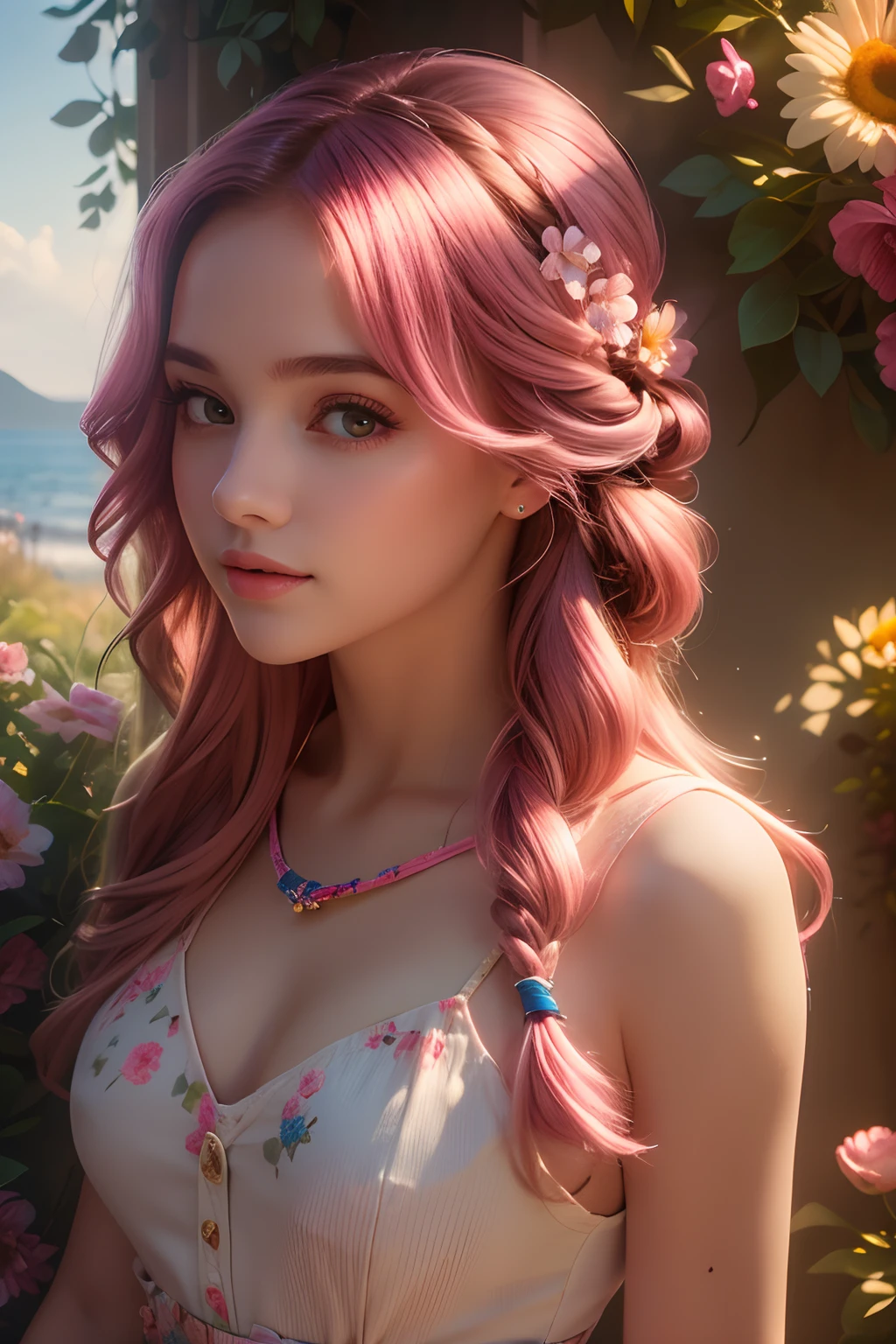 (Masterpiece, Best quality), 1girll, Wavy hair, view the viewer,Upper body, Suspenders, Estampados florales, pony tails, Pink hair, Sunlight ,scenery,