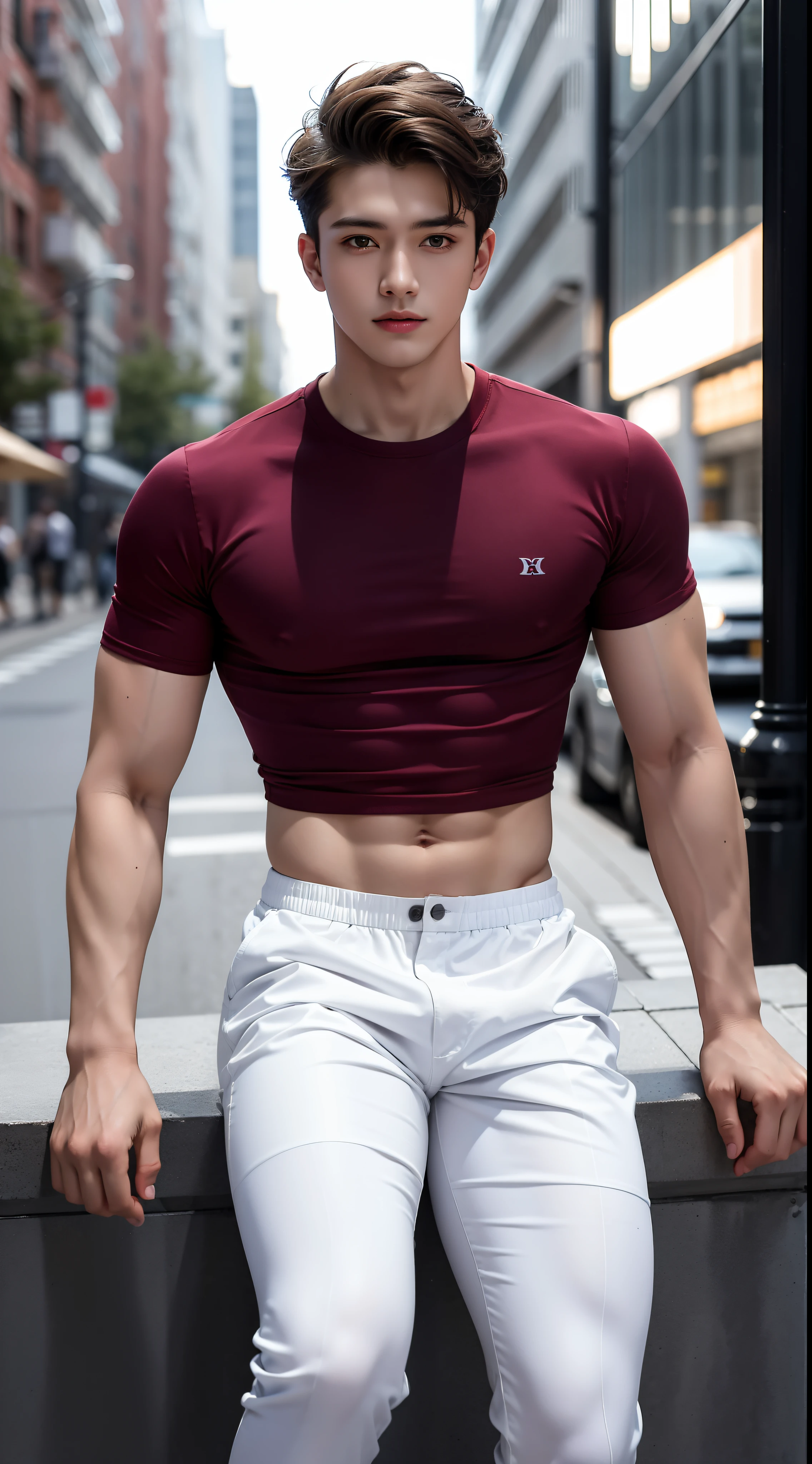 (absurderes, A high resolution, Ultra detailed, hdr), Masterpiece, Best quality, Portrait of a boy, Handsome boy with red eyes, Detailed face, Professional photo, The Alafed man is shirtless, Leaning comfortably，legs are open, (puffynipple(From below:1.1)), Focus on your audience,18 year old boy, Handsome boy, [ Firmly defined body ]，Burgundy shirt open，Abs，chest muscle，short white pants，large bulge，white shoe，On the street，