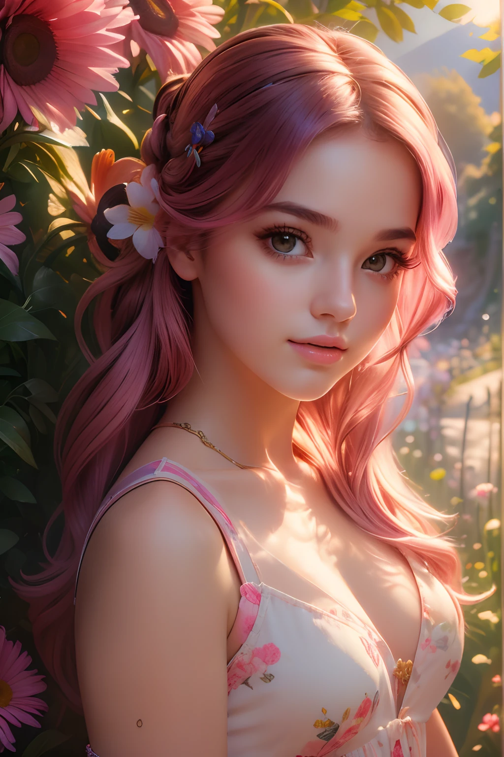 (Masterpiece, Best quality), 1girll, Wavy hair, view the viewer,Upper body, Suspenders, Estampados florales, pony tails, Pink hair, Sunlight ,scenery,