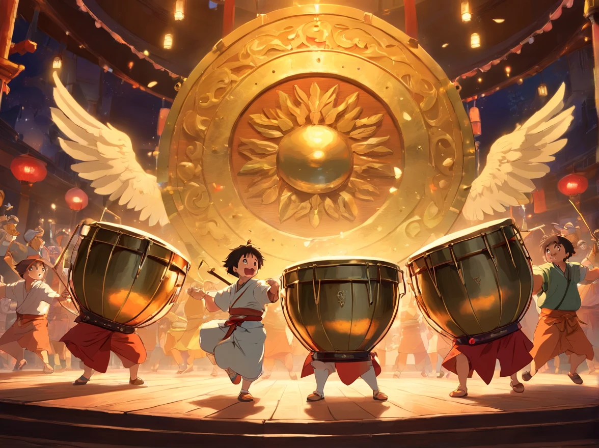 Music starts，Everyone banged the brass drum in unison，The brass drums on the stage emit a thick and powerful sound。Little boys and friends in Zhuang clothes happily played copper drums，The stage is brightly lit。