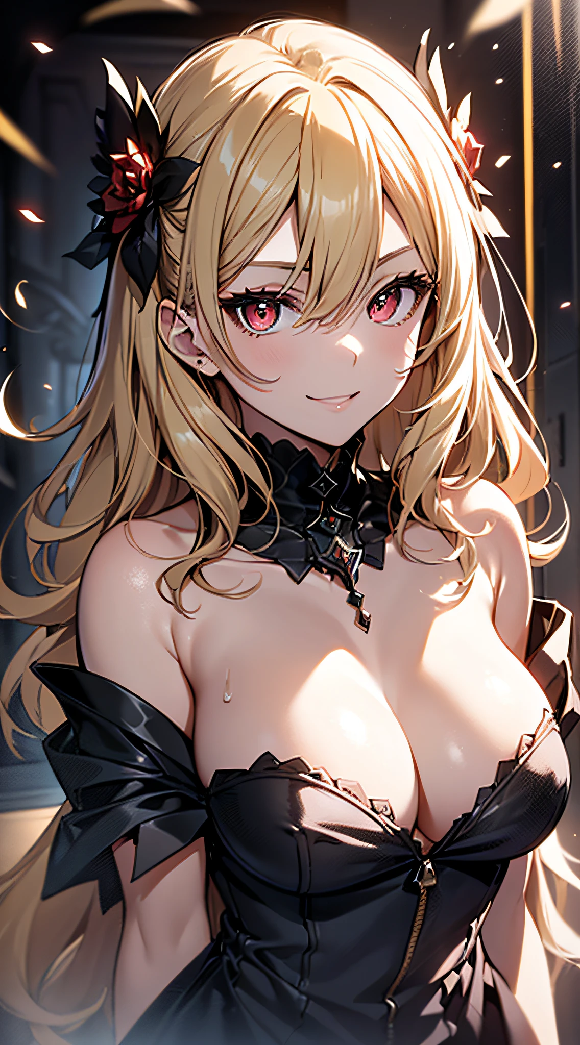 top-quality、Top image quality、​masterpiece、girl with((cute little、18year old、Best Bust、Medium bust、Bust 85,Beautiful red eyes、Breasts wide open,Blonde long hair、A slender、Black bath towel、A smile)）hiquality、Beautiful Art、Background with((Black Room,Large room、)),masutepiece、Elaborate design、visualart、depth of fields、The best lighting、highestdetailed、8ｋ,Super delicate,