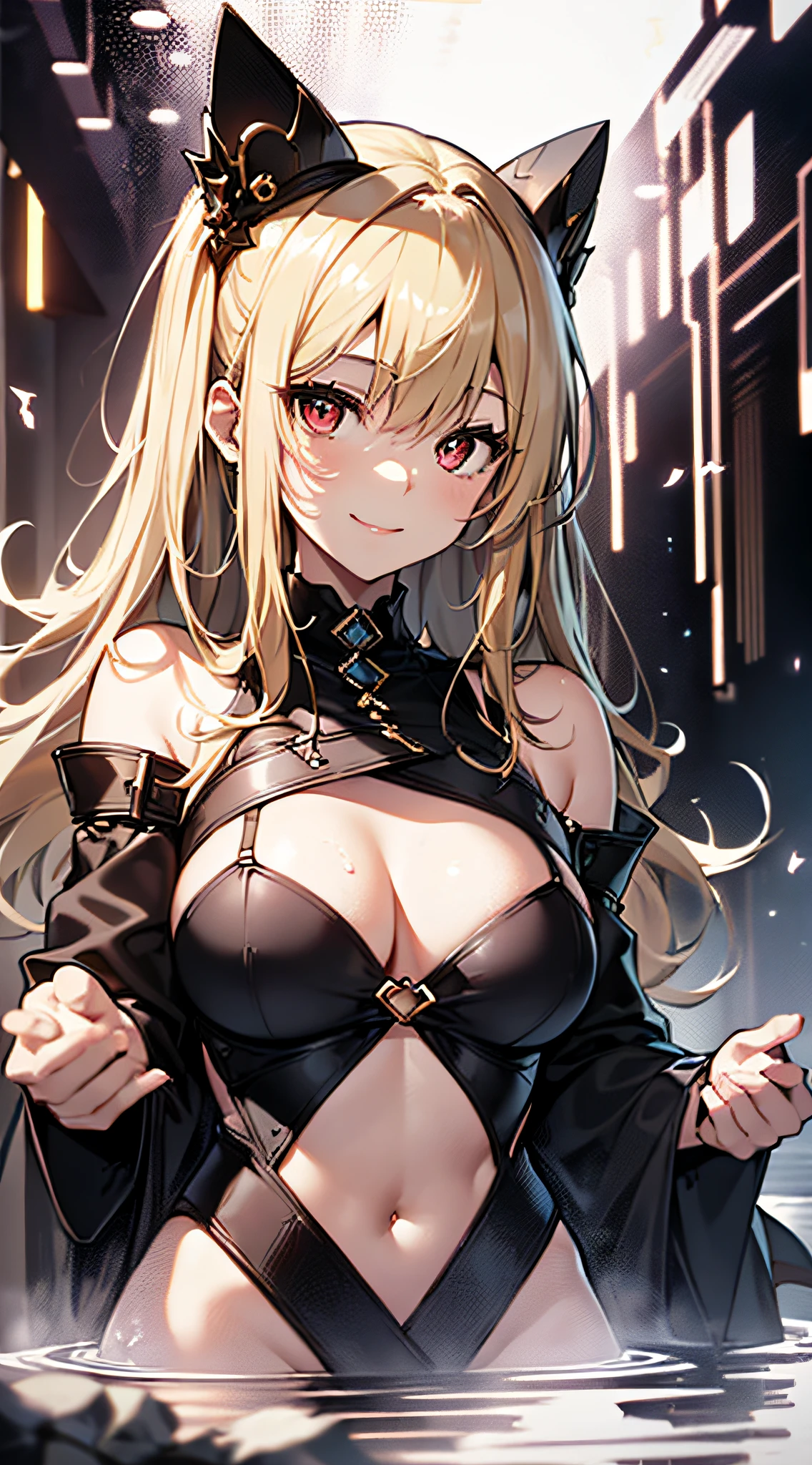 top-quality、Top image quality、​masterpiece、girl with((cute little、18year old、Best Bust、Medium bust、Bust 85,Beautiful red eyes、Breasts wide open,Blonde long hair、A slender、Black bath towel、A smile)）hiquality、Beautiful Art、Background with((Black Room,Large room、)),masutepiece、Elaborate design、visualart、depth of fields、The best lighting、highestdetailed、8ｋ,Super delicate,