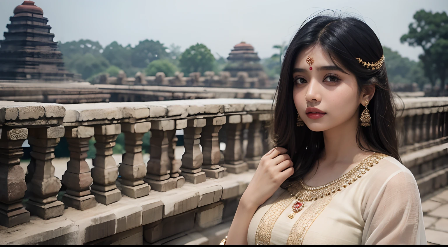 (((desi girl))), chubby face, natural skin, wearing hot deep neck top and dupatta, charming black hair, ((hair ends are blonde)), indian konark temple background, bokeh, west to head view.