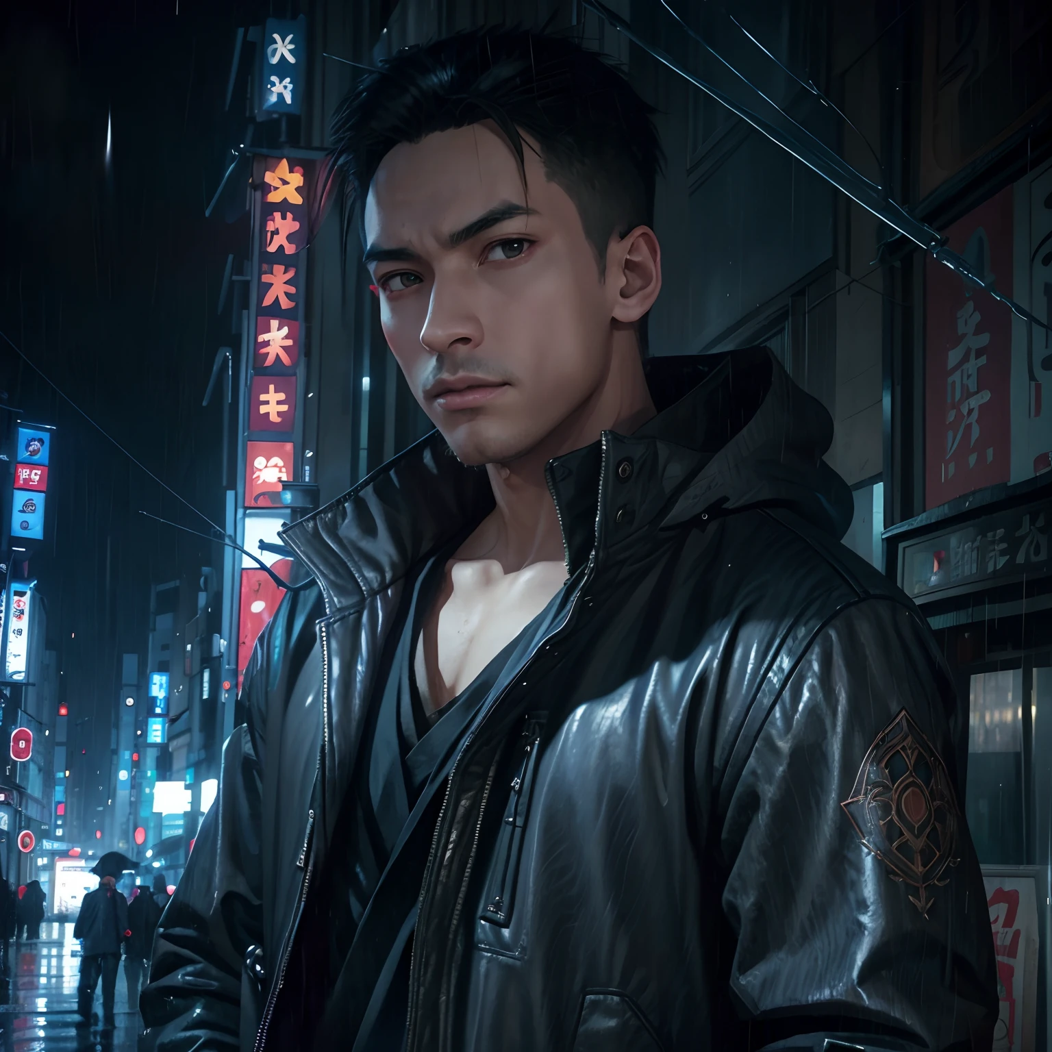 Portrait of male Ashman in Gothic jacket, on Street of Tokyo, Urban city light and raining, looking_at_viewer, intricate, elegant, highly detailed, artstation, concept art, smooth, sharp focus, realistic, art by artgerm and greg rutkowski and fra angelico and alphons mucha