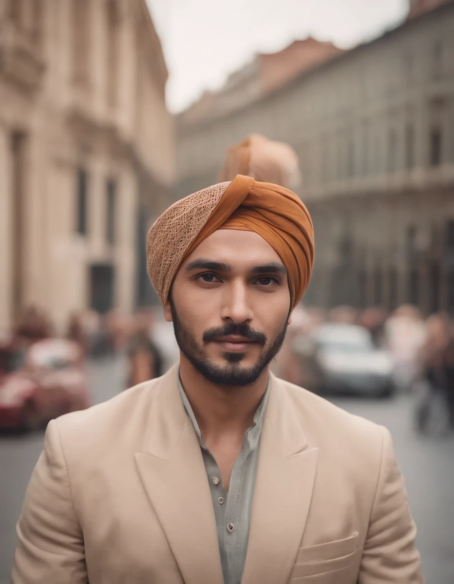 A man wearing a turban stands in the city, style is moody and tranquil scene, social media portrait, detailed portrait, (upper body) using phone smiley face wearing professional dress