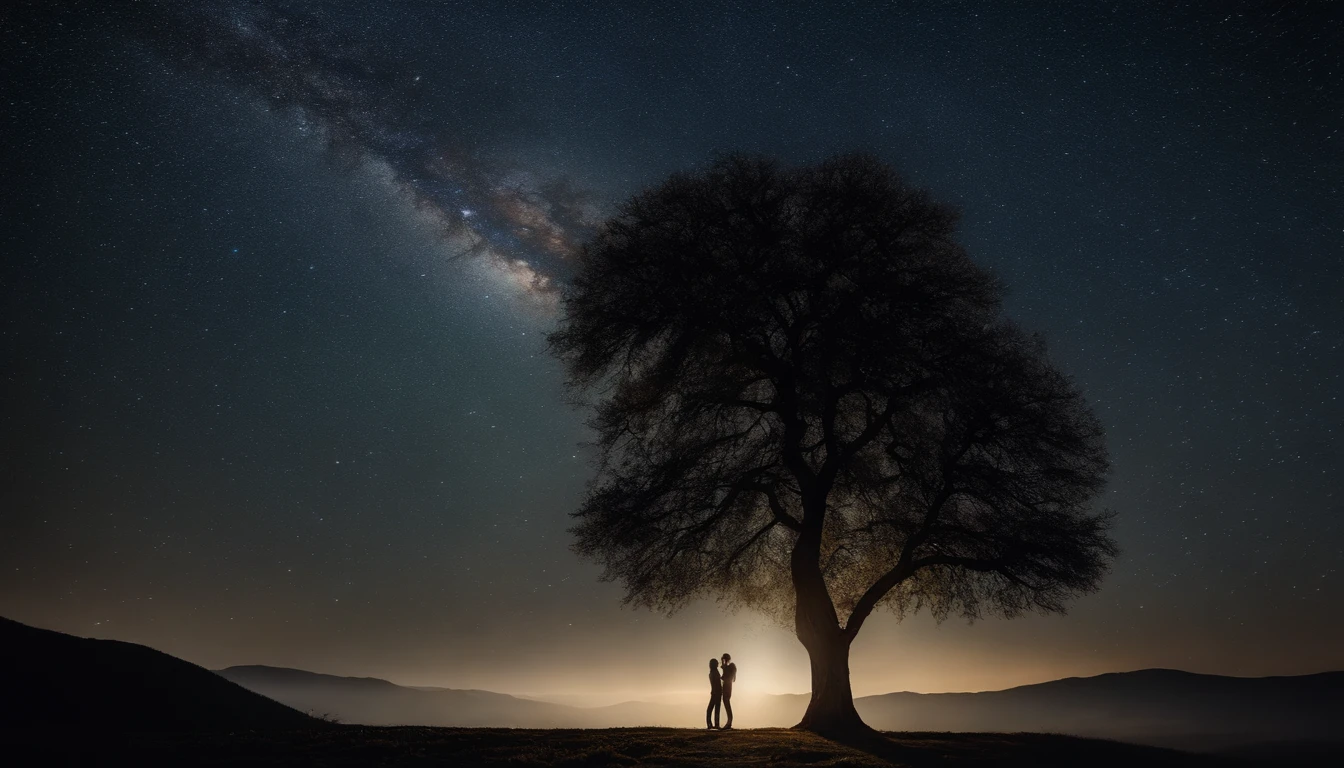 A person and a  stands under a tree, Master parts、Superior quality、Superior image quality、8K quality、Beautiful picture of the starry sky、magnifica、arching milkyway