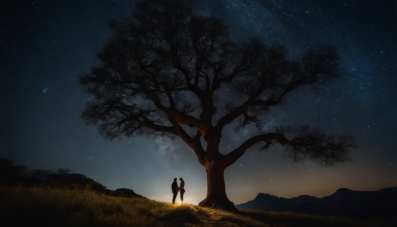 A person and a child stands under a tree, Master parts、Superior quality、Superior image quality、8K quality、Beautiful picture of the starry sky、magnifica、arching milkyway