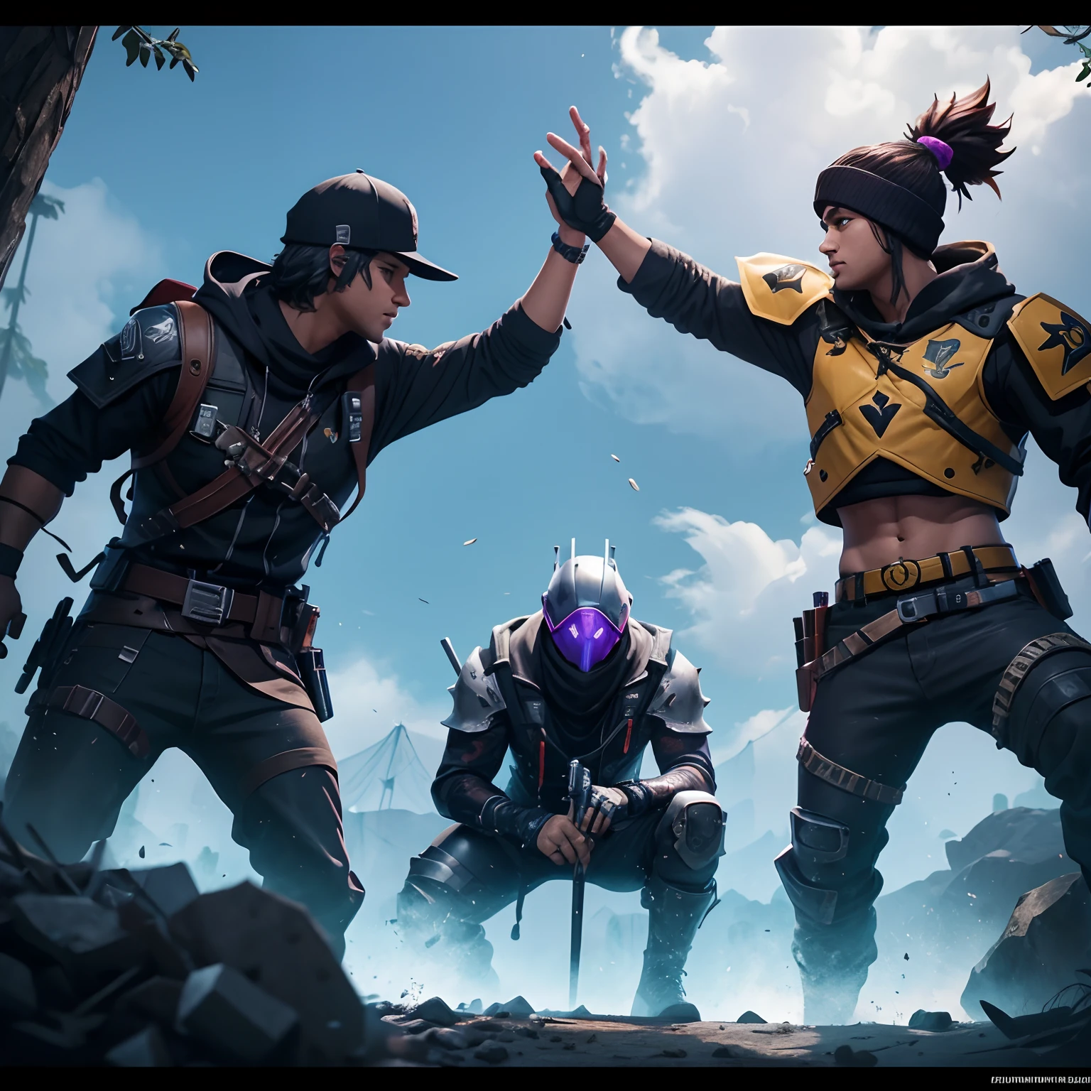 Mostrar o papel de parede da tela de abertura de um jogo que estou criando chamado FuryFall. This game will be a Battle Royale as a combination between Fortnite and Free Fire. O Wallpaper deve se parecer um pouco com o Fortnite com coisas neon, Multijogador com skins pro player, alguns Squads, e o logo de FURYFALL.
