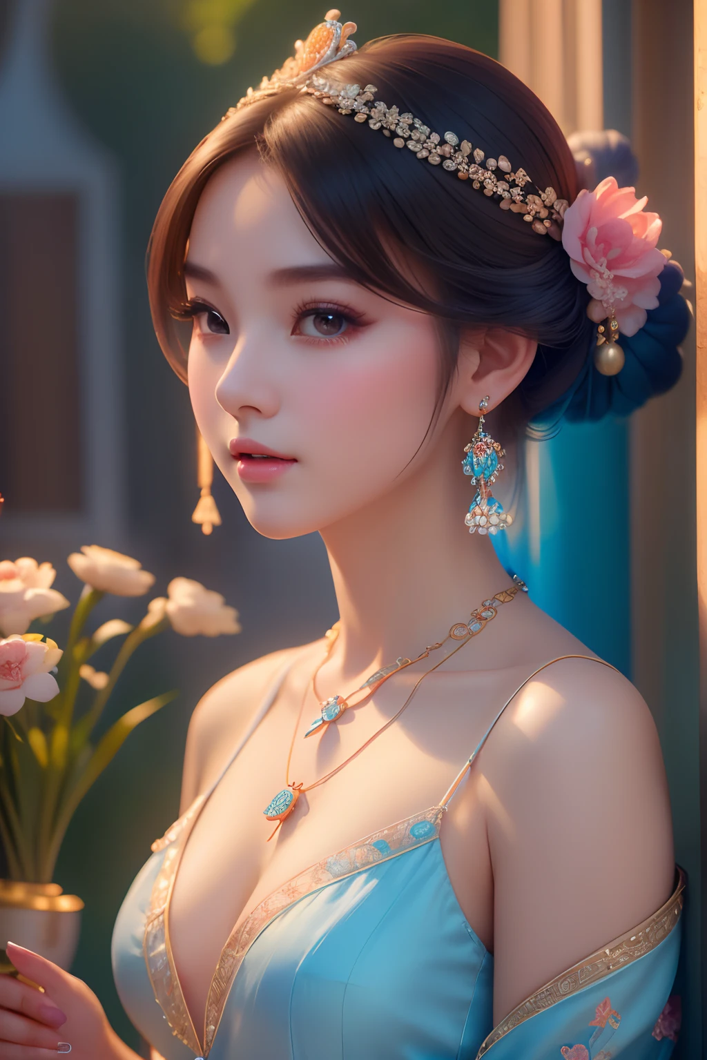 Close-up of a woman wearing a light blue slip dress necklace, Chinese style, Chinese girl, Beautiful character painting, Guviz-style artwork, Palace ， A girl in Hanfu, Beautiful rendering of the Tang Dynasty, Realistic anime 3 D style, trending on cgstation, 8K high quality detailed art, Princesa chinesa antiga, Chinese woman, Guviz