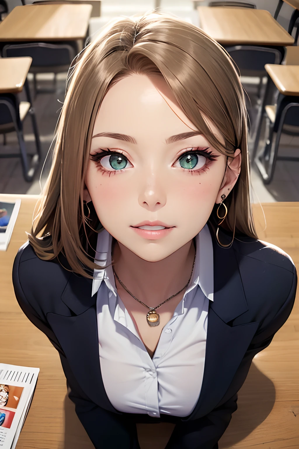 (masutepiece: 1.3), (max resolution: 1.2), (Ultra HDTV: 1.2), cinema lite, Ultra HDTV, (Detailed eyes and skin), (detailed facial features), ultgp, 8K resolution, Sharp Focus: 1.2, Perfect Style, Beautiful Face, accurate, Anatomically correct, Highly detailed face and skin texture, Detailed eyes, light-green eyes, Double eyelids, Thin eyebrows, Glitter Eyeliner: 1.2, Natural cheeks, Glossy skin, Fair skin: 1.2, shiny little necklace and earrings, (Glossy lips: 1.4), break, absurderes, One-person viewpoint, (she is high school Teacher), age22, (Wearing a Button up shirt, formal jackets, pencil skirts, high heels), (Seductive smile: 1.2), (Staring at the viewer), ((a Innocent and cute girl:1.3)), (Layered hairstyle, smooth Hair), (orange hair:1.2), Medium bob Hair, (Full body shot: 1.2), Focus on Face, ((Very intimate relationships: 1.2)), large breasts, ((lying on the table:1.4)), ((In school library)), (From directly above:1.2),