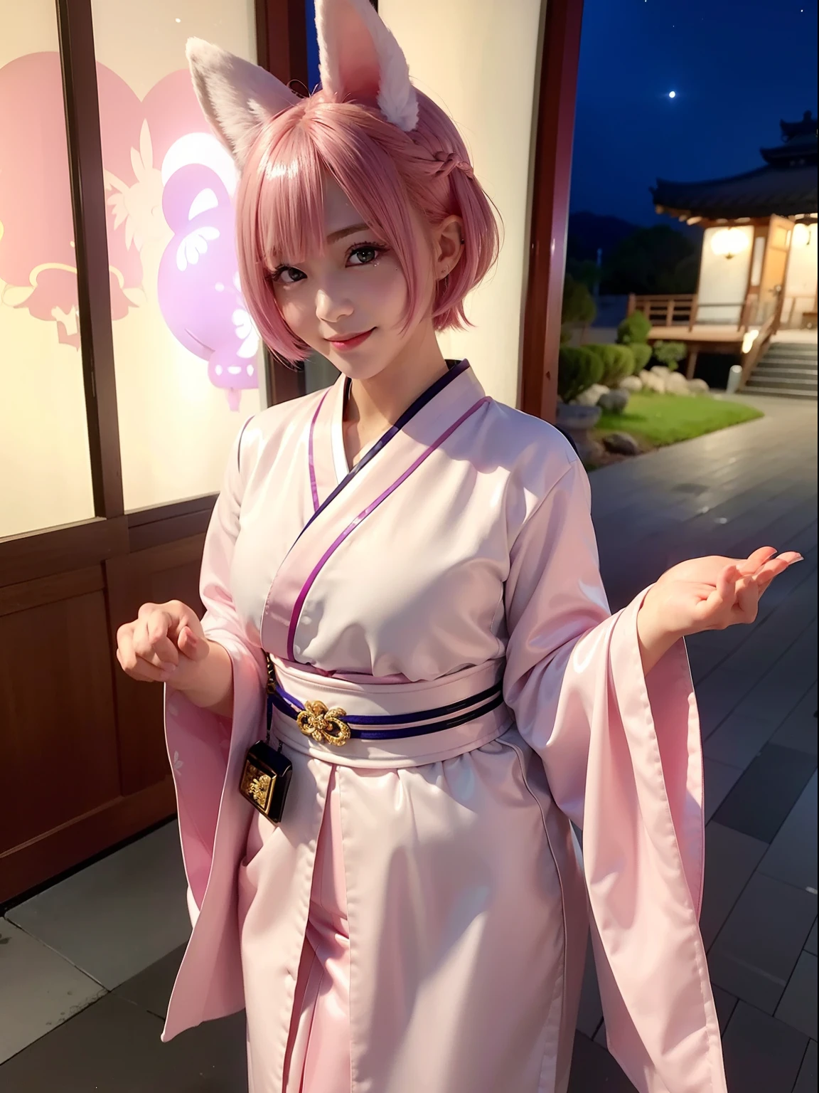 Waiting for the night、Kyoto at night、nighttime scene、Pink short cut hair、traditional Japanese costume、Maiko、White kimono、Pink short cut hair,(8K, top-quality, masterpiece:1.2), (realisitic, Photorealsitic:1.37), ultra-detailliert, 1 girl in, full body Esbian, (Adjusted hair:1.5) 、cute little、独奏、Beautiful detailed sky、(A smile:1.15)、(Mouth closed)、tiny chest、Eyes in Beautiful Details、(short-hair:1.2)、Floating Hair NovaFrogStyle、masuter piece、Pink Shortcut Bob、Realistic rabbit ears、Pink realistic rabbit ears、Realistic ears of rabbits sticking out of the head、Pink hair、Beautiful girl in her 20s、Bewitching atmosphere、Beautiful shaped hands、K-POP、Pink rabbit ears、1 girl in、独奏、masterpiece、top-quality、realisitic、Hyper-detailing、(Glossy skin:1.4)、absurderes、short pink hair、Slender beauties、动态照明、hight resolution、foco nítido、depth of fields、(thick thight:1.0)、A slender :1.2,((Short-cut bob hair))、((k pop:1.3)),Highly detailed facial and skin texture、((魅惑的)),Anatomically correct number of fingers,Correct anatomy