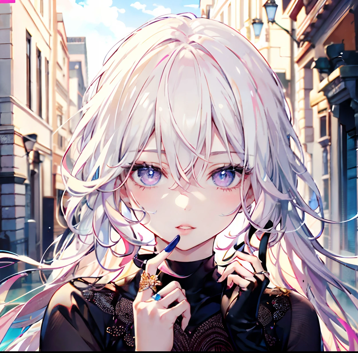 From face to body、The upper part of the body、(Full head:1.9),In-depth depiction of the face,1 Lady,a matural female,knit,Pink White Long Hair,Prom Background, Perfect body, face perfect, perfect hand, Perfect Finger, Perfect lips, perfect eyes, Perfect background