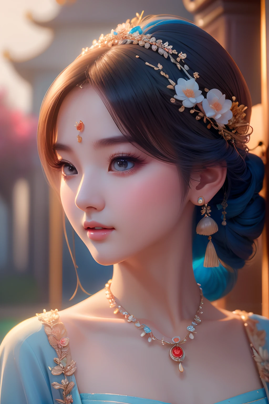 Close-up of a woman wearing a light blue slip dress necklace, Chinese style, Chinese girl, Beautiful character painting, Guviz-style artwork, Palace ， A girl in Hanfu, Beautiful rendering of the Tang Dynasty, Realistic anime 3 D style, trending on cgstation, 8K high quality detailed art, Princesa chinesa antiga, Chinese woman, Guviz