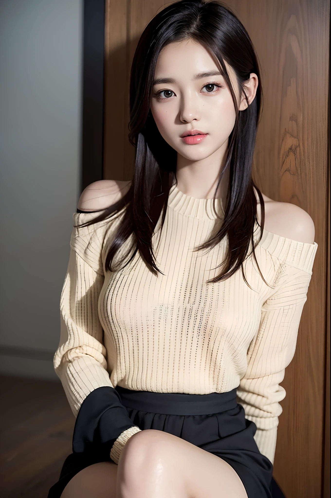 face is :9,3492120809], face is :9,4148934626], Bewitching beautiful mature woman、40 years、stature　154cm、well-proportioned figure、The figure of the hourglass、Smile of shame、Wearing a scruffy sweater、Wearing a loose sweater、Shoulder out、鎖骨、(Wear small panties)、(Wearing pantyhose,Realistic Pantyhose)、While opening the door、Japanese Models, japanaese girl, Neat and clean Japan woman, goddess of Japan, Raw photo, (in 8K、top-quality、​masterpiece:1.2)、(intricate detailes:1.4)、(Photorealsitic:1.4)、octane renderings、Complex 3D rendering ultra detail, Studio Soft Light, Rim Lights, vibrant detail, super detailing, realistic skin textures, Detail Face, Beautiful detail eyes, Very detailed CG Unity 16k wallpaper, make - up, (detailedbackground:1.2),　shinny skin、Exposed thighs!!!、