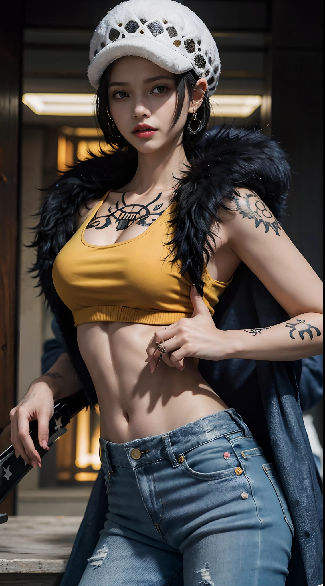 masterpiece, best quality, 8k,highestres, absurdres, extremely detailed, female trafalgar law, 1girl, 1sword, solo, looking at viewer, short hair, medium breasts, hat, navel, cleavage, collarbone, earrings, midriff, pants, coat, fur trim, denim, jeans, shoulder tattoo, hand tattoo, finger tattoo, black fur-trimmed coat, coat on shoulders, yellow tank top,///,