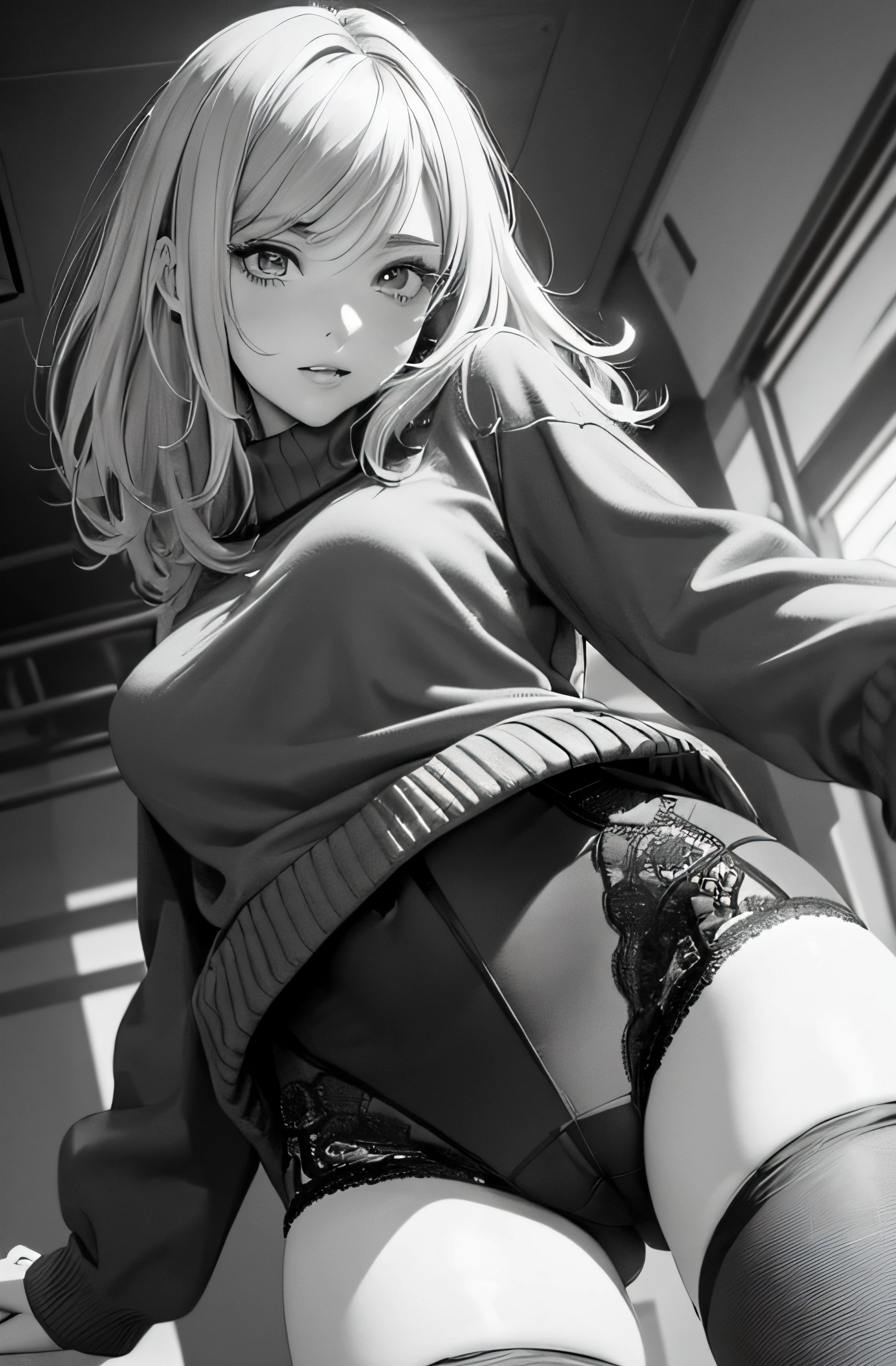 (((Shooting from a low angle below))), a girl in sweater and tight skirt, showing her underwear, pantyhose, legs apart, (upskirt), camel toe, sexy underwear, medium breasts, (very detailed), ((perfectly detailed face)), (detailed face), (detailed hand), (detailed hand), (detailed hand), photorealistic image.