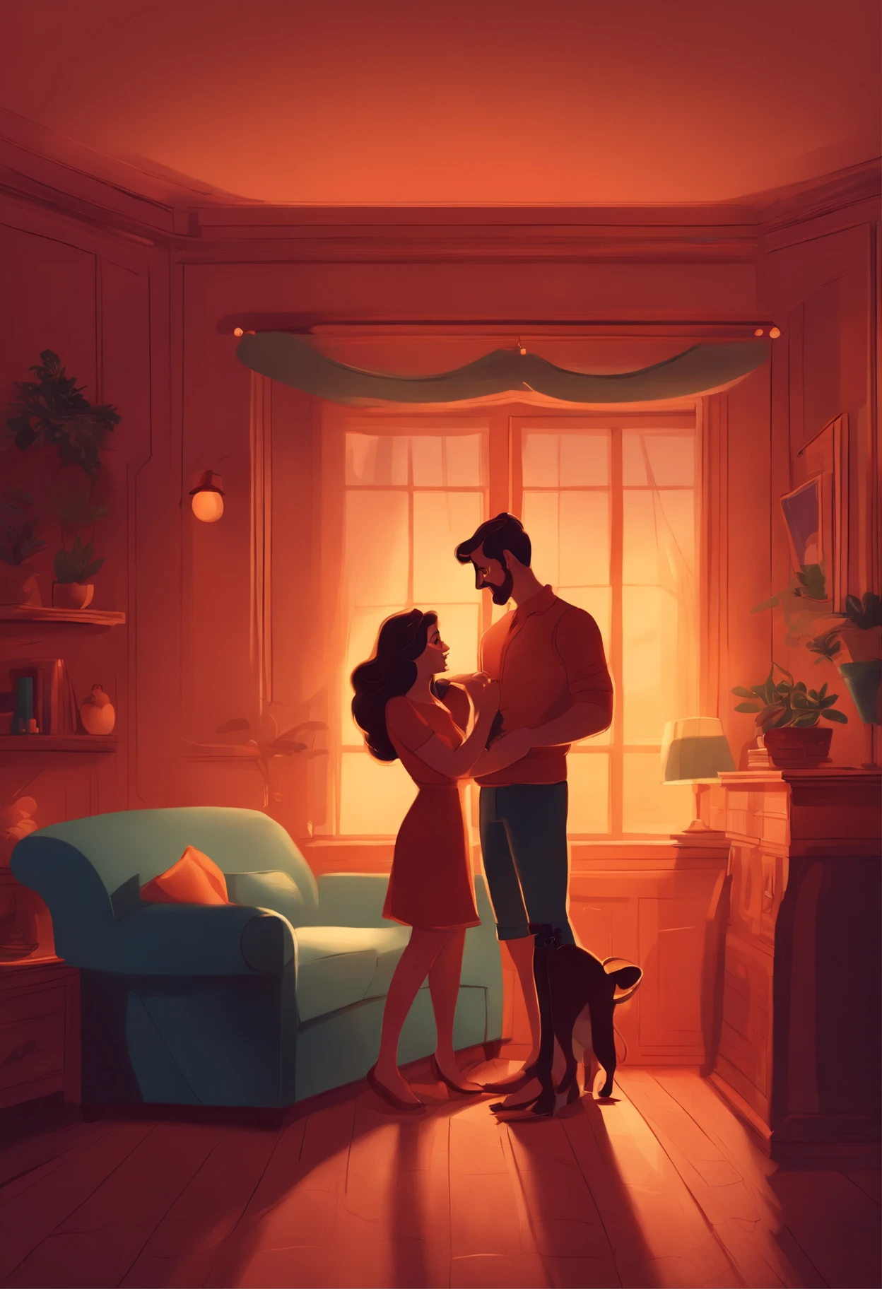 Disney-inspired cartoon illustration: In a room lit by the soft light of the evening. 25 year old man and woman couple happily playing with puppy