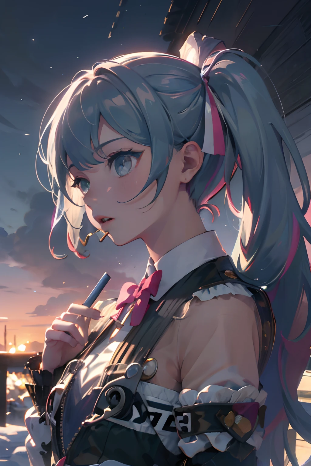 Official art, Unity 8k Wallpapers, ultra-detailliert, Beautifully Aesthetic, ​masterpiece, top-quality, realisitic, a closeup, Skindentation, interface, A detailed eye, A detailed face, detailed hairs, black backgrounds, straight-on, looking at the viewers, The sheen, Anime, looking at viewer with a cigarette in her mouth, highly detailed with reflections transparent iridescent opaque jacket, Long transparent iridescent RGB hair, 1girl in, Solo, fronds, Long hair, Blurry, Shirt,  Parted lips, Outdoors, Floating hair, Long sleeves, White shirt, Bangs, Upper body, Open mouth, tusk, Brown eyes, Wind, Winters，Yuki，snowscape，Blurry background, day, depth of fields, bug,Funeral Freelen，Freelen，White hair，Twin-tailed，