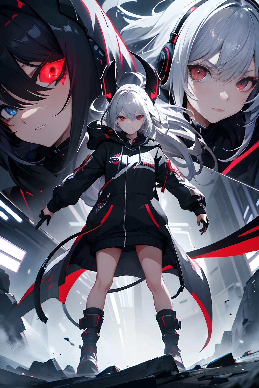 girl, standing in the center, poster image, dynamic pose, futuristic scene, colored inner hair, grey hair, bangs, long hair, headphones, hood, devil eyes, red eyes, grin, v-shaped eyebrows, serious, Futurism, anime style, cinematic lighting, motion blur, drop shadow, silhouette, zoom layer, close-up, wide shot, Eye-Level Shot, masterpiece, best quality
