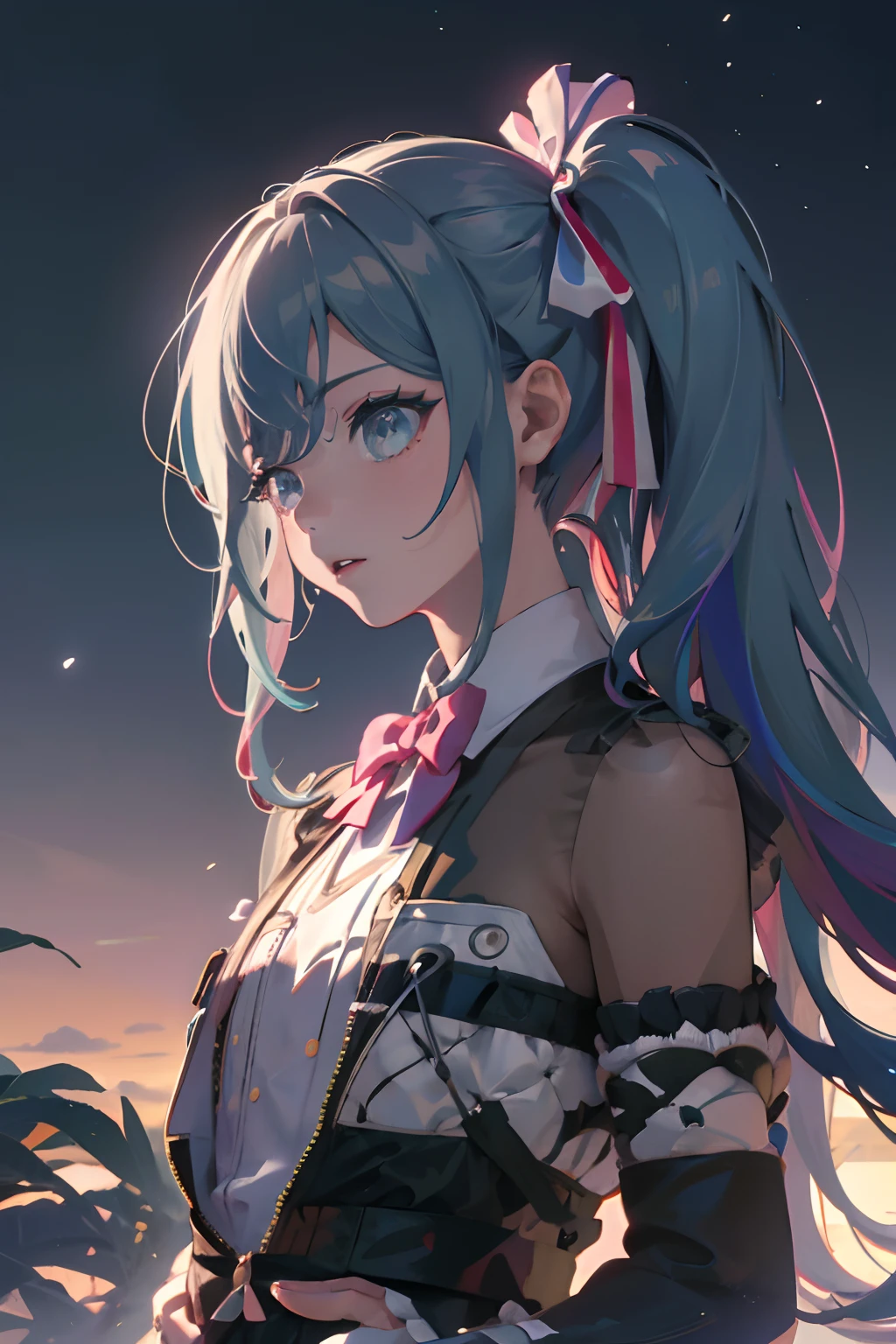 Official art, Unity 8k Wallpapers, ultra-detailliert, Beautifully Aesthetic, ​masterpiece, top-quality, realisitic, a closeup, Skindentation, interface, A detailed eye, A detailed face, detailed hairs, black backgrounds, straight-on, looking at the viewers, The sheen, Anime, looking at viewer with a cigarette in her mouth, highly detailed with reflections transparent iridescent opaque jacket, Long transparent iridescent RGB hair, 1girl in, Solo, fronds, Long hair, Blurry, Shirt,  Parted lips, Outdoors, Floating hair, Long sleeves, White shirt, Bangs, Upper body, Open mouth, tusk, Brown eyes, Wind, Winters，Yuki，snowscape，Blurry background, day, depth of fields, bug,Funeral Freelen，Freelen，White hair，Twin-tailed，